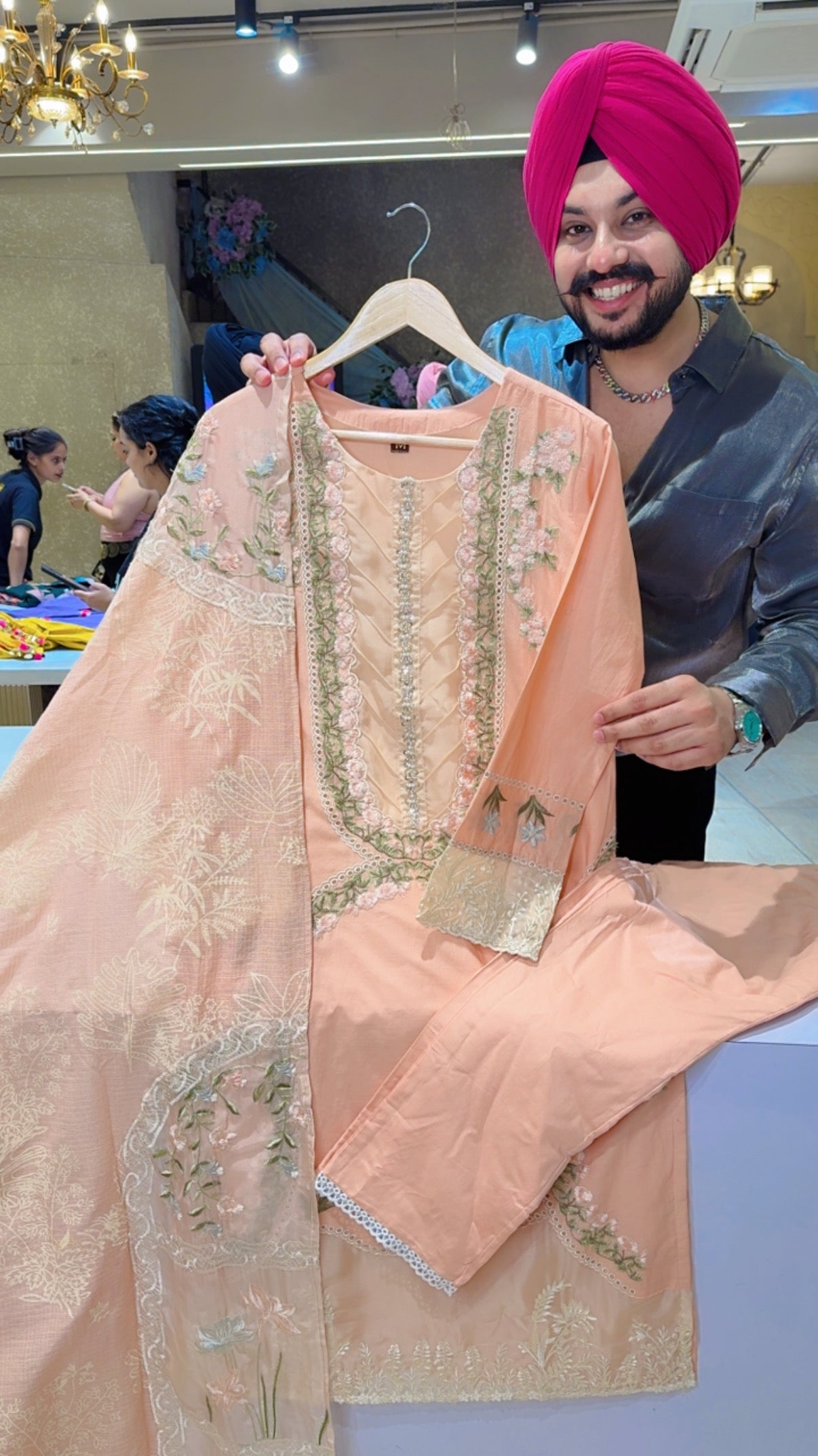Peach Cotton Beautiful Fully embroidered Party Wear Royal Suit with Embroidered Kota Doria Duppata