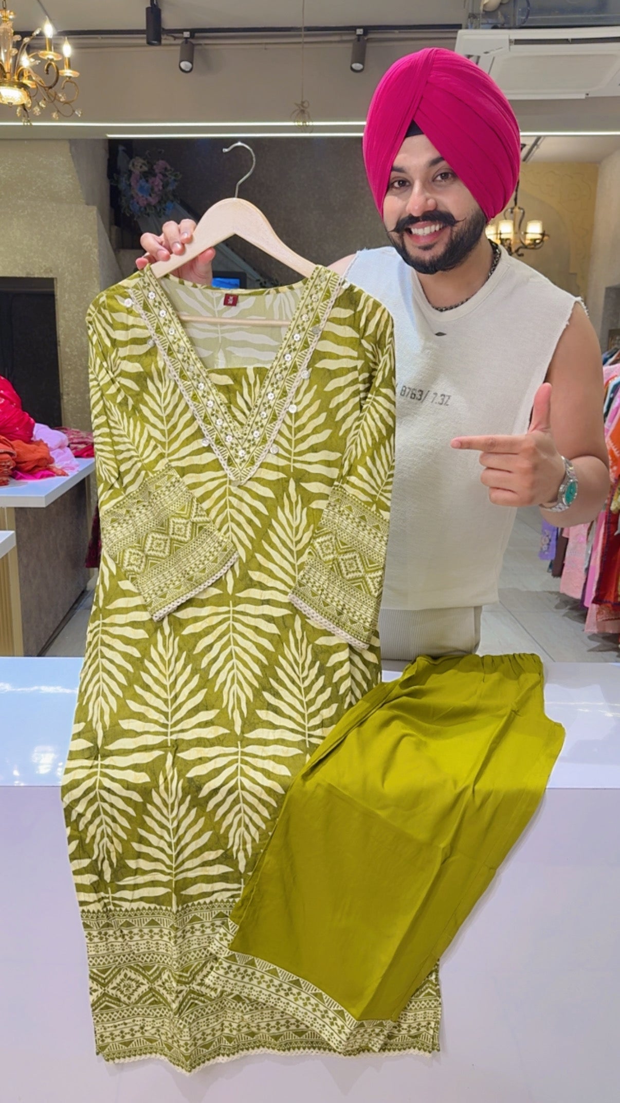 Light Mehendi Soft Rayon Leaf Print Long length Coord set with Sleek Hand embroidery Work on neck