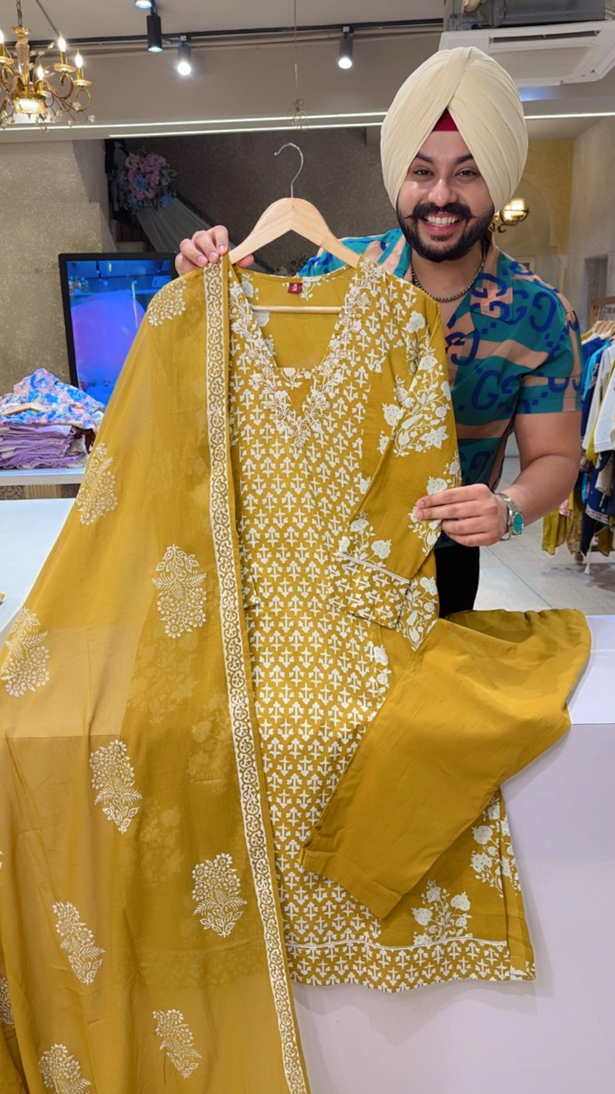 Mustard Yellow Soft Cotton Office Wear suit with Sleek Embroidery Work on Neck