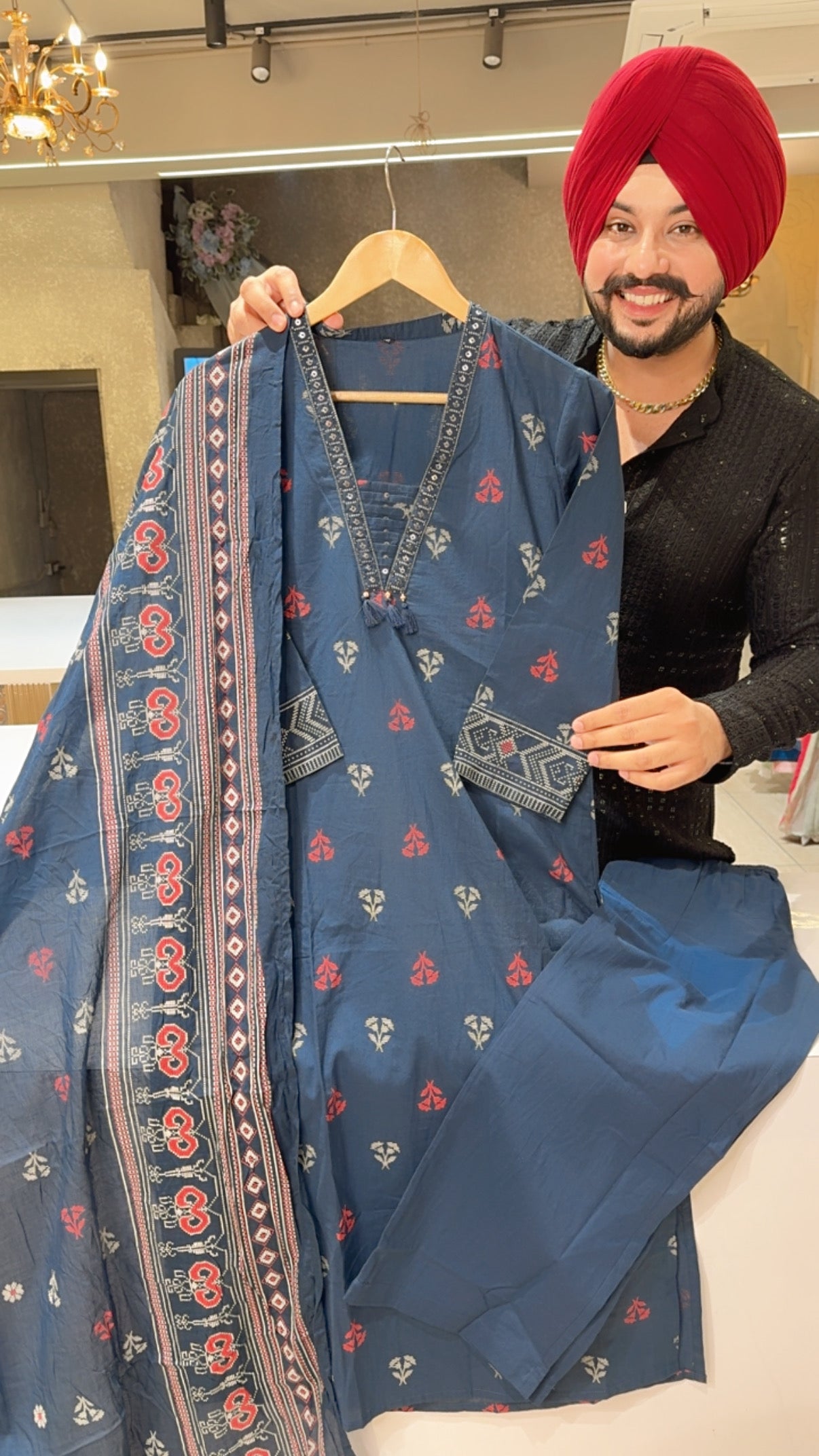 Dark Blue Pure Cotton Office Wear Suit with Sleek Hand embroidery Work on neck