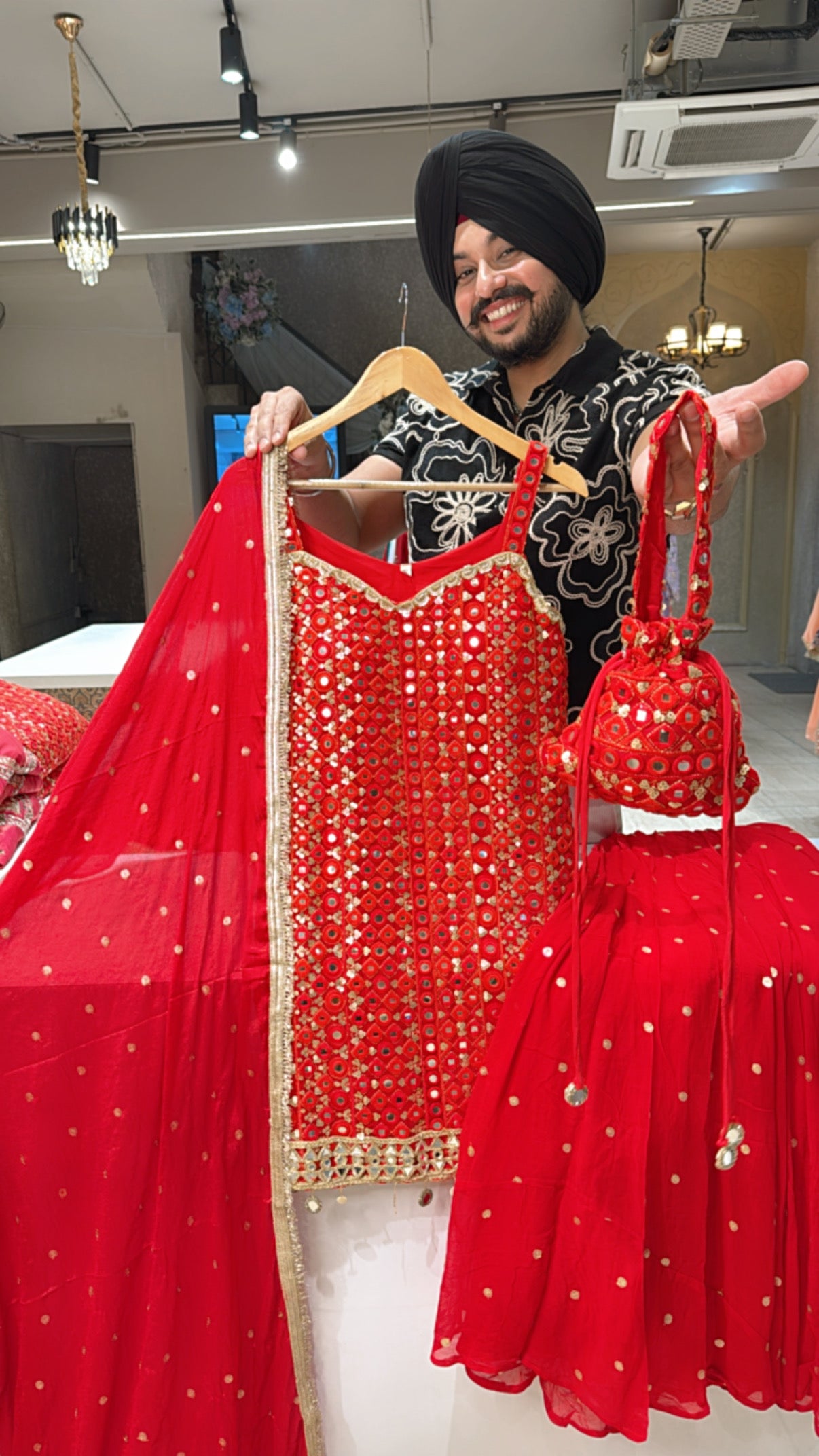 Vibrant Red Georgette Heavy embroidered Strap Sleeves Full Flair Sharara Suit with Beautiful Chinon Duppata
