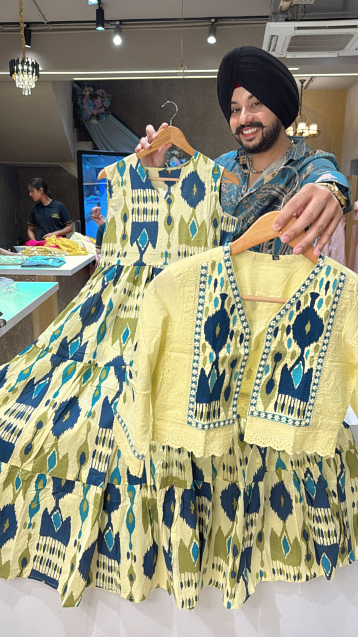 Lime & blue Pure Cotton Full Flair Indowestern Dress with Beautiful Embroidered Short jacket
