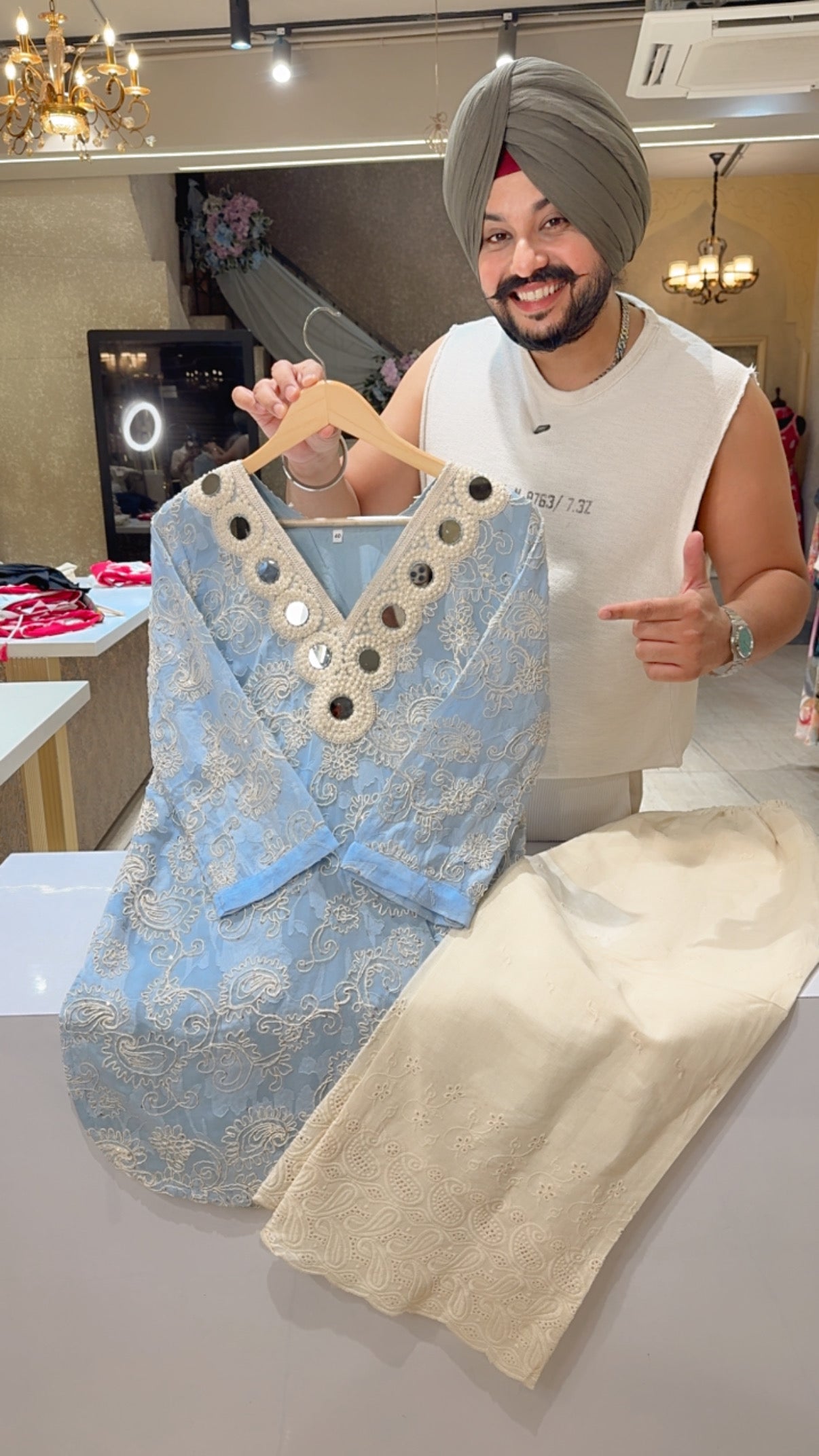 Powder Blue Front & Back Self Embroidered Apple Cut Party Wear Coord set with Mirror & Pearl Work on Neck
