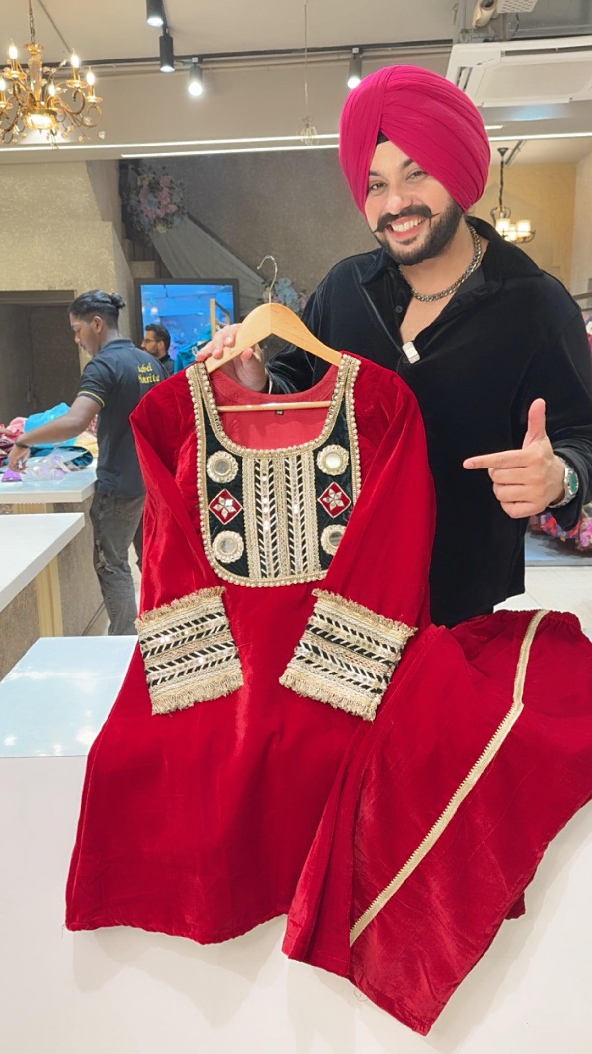 Deep Red Premium Velvet Heavy Gotta & Mirror Work Coord set