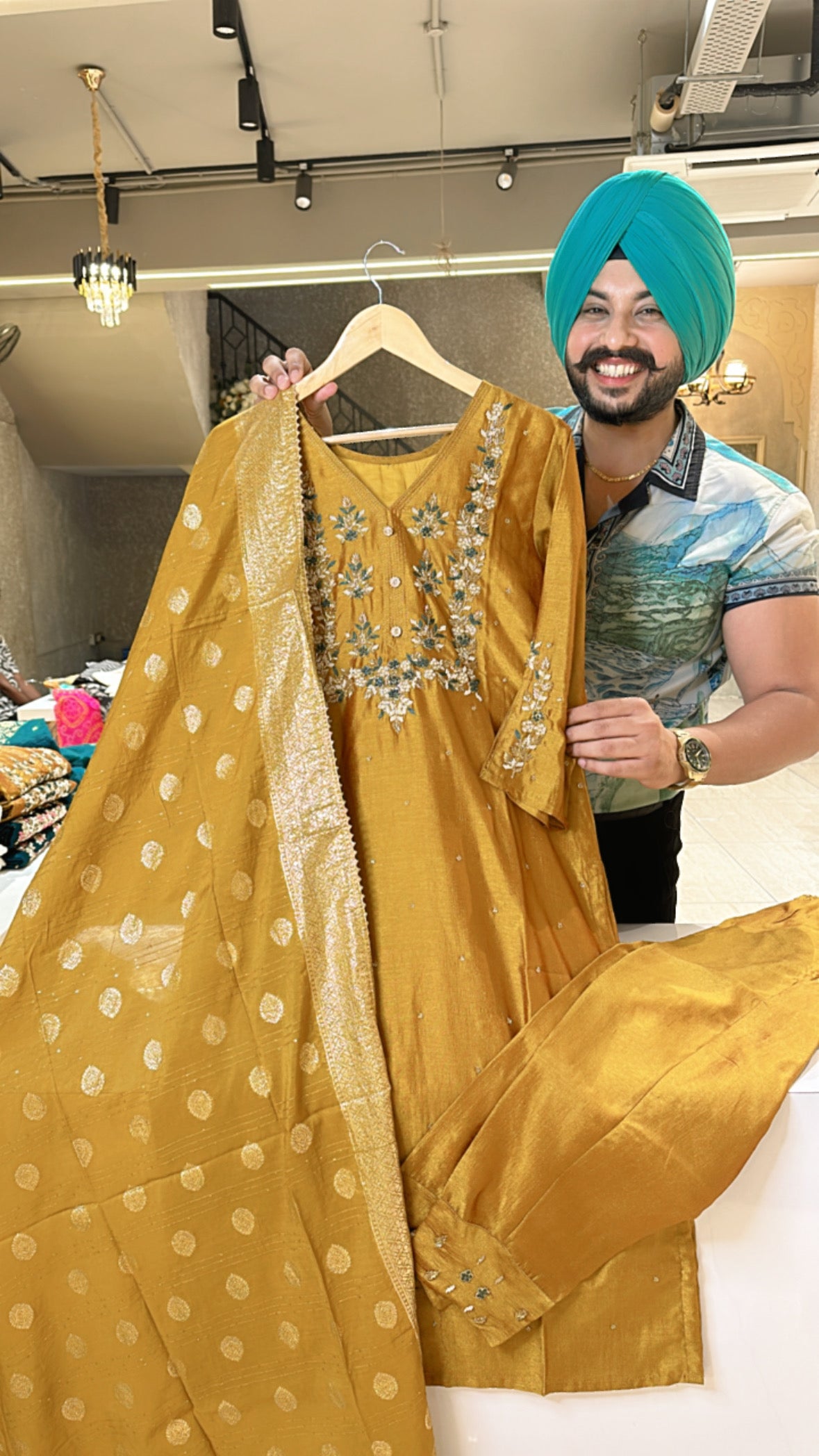 Goldenish Yellow Chinon Handwork Straight Suit with Beautiful Duppata