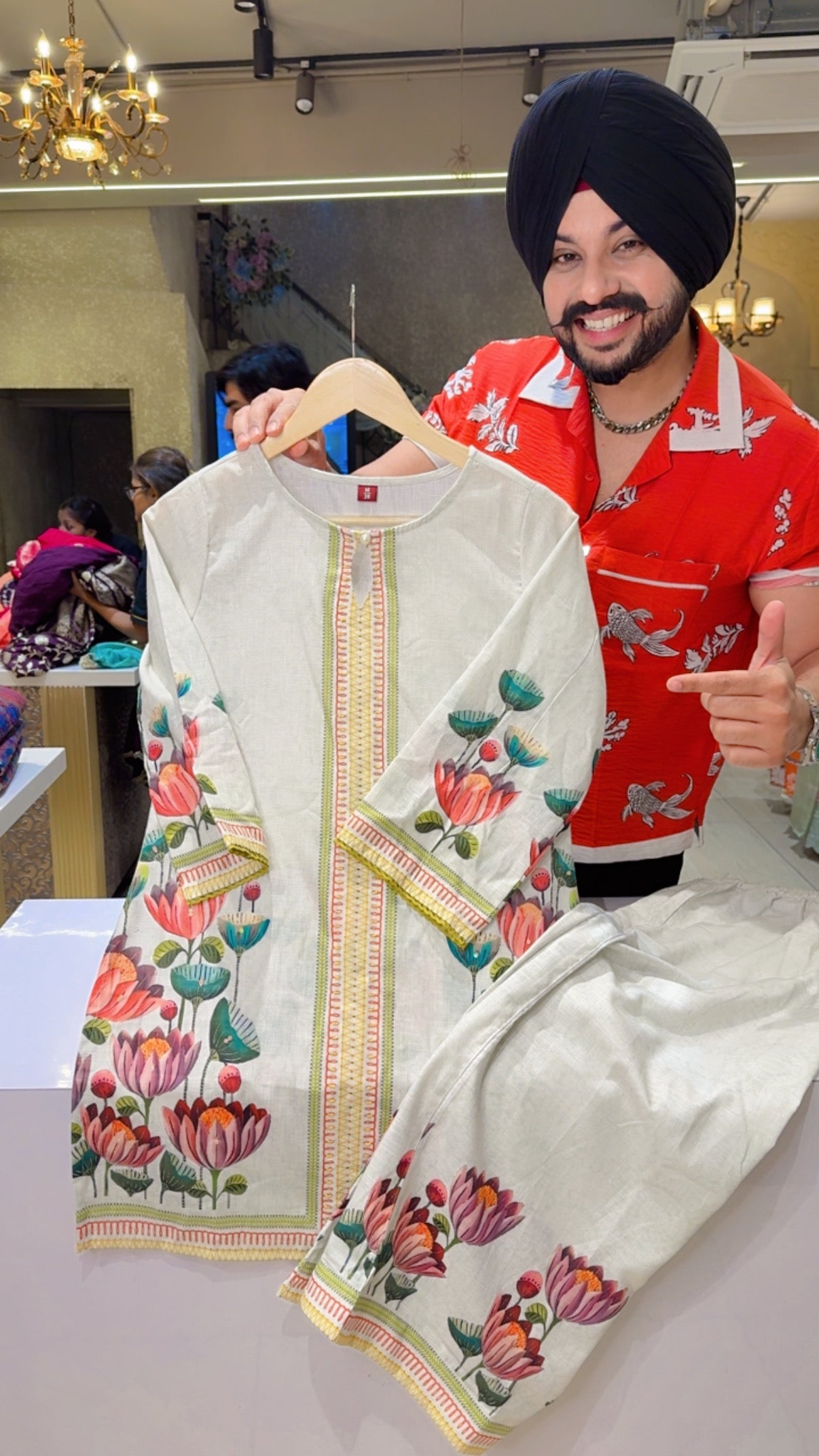 Moon White Slub Cotton Floral Print Office Wear Coord set With Sleek Hand embroidery work On it