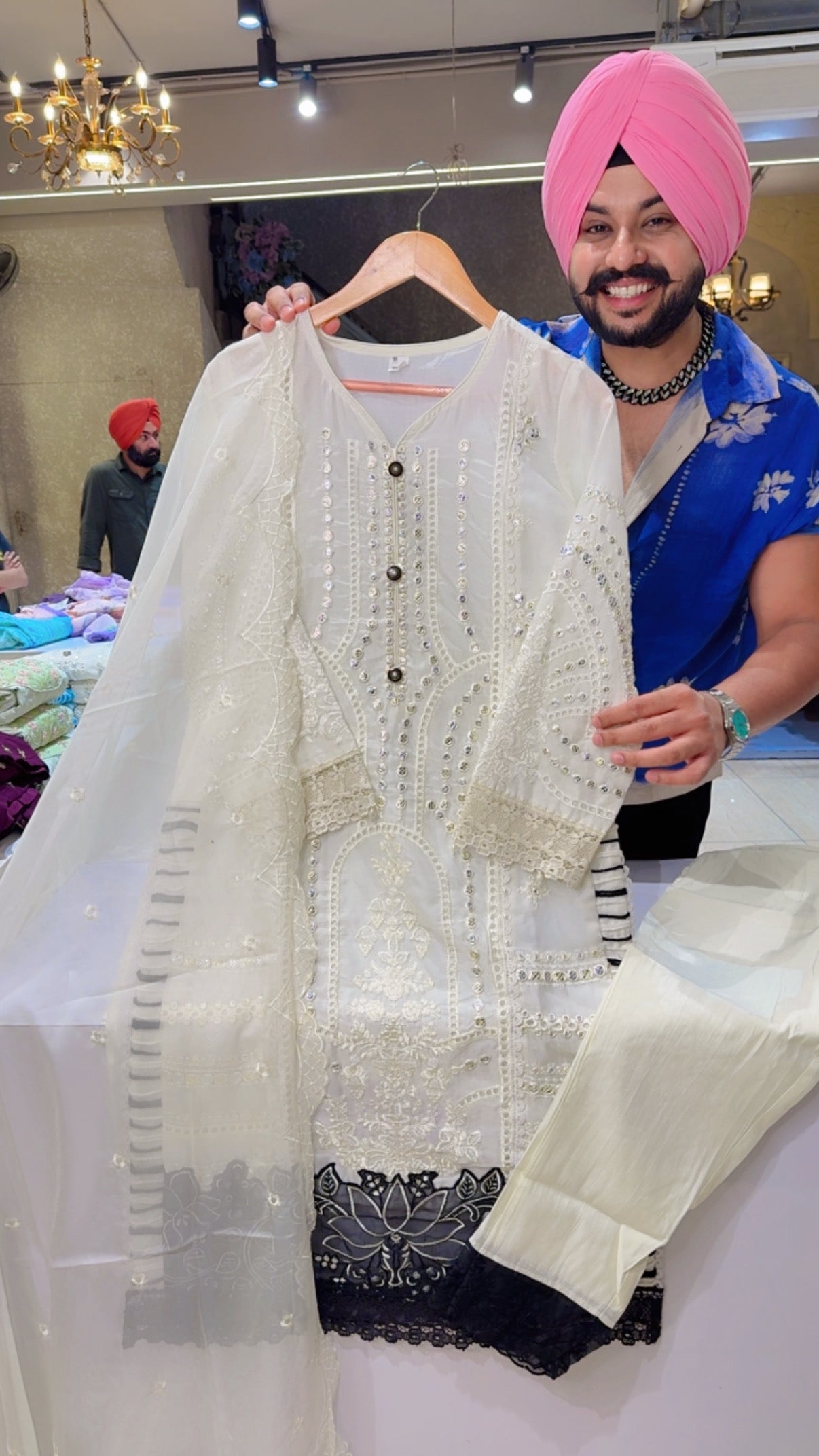 Off White & Black Soft Organza Fully Foil Embroidered Party Wear Royal suit with Beautiful Duppata