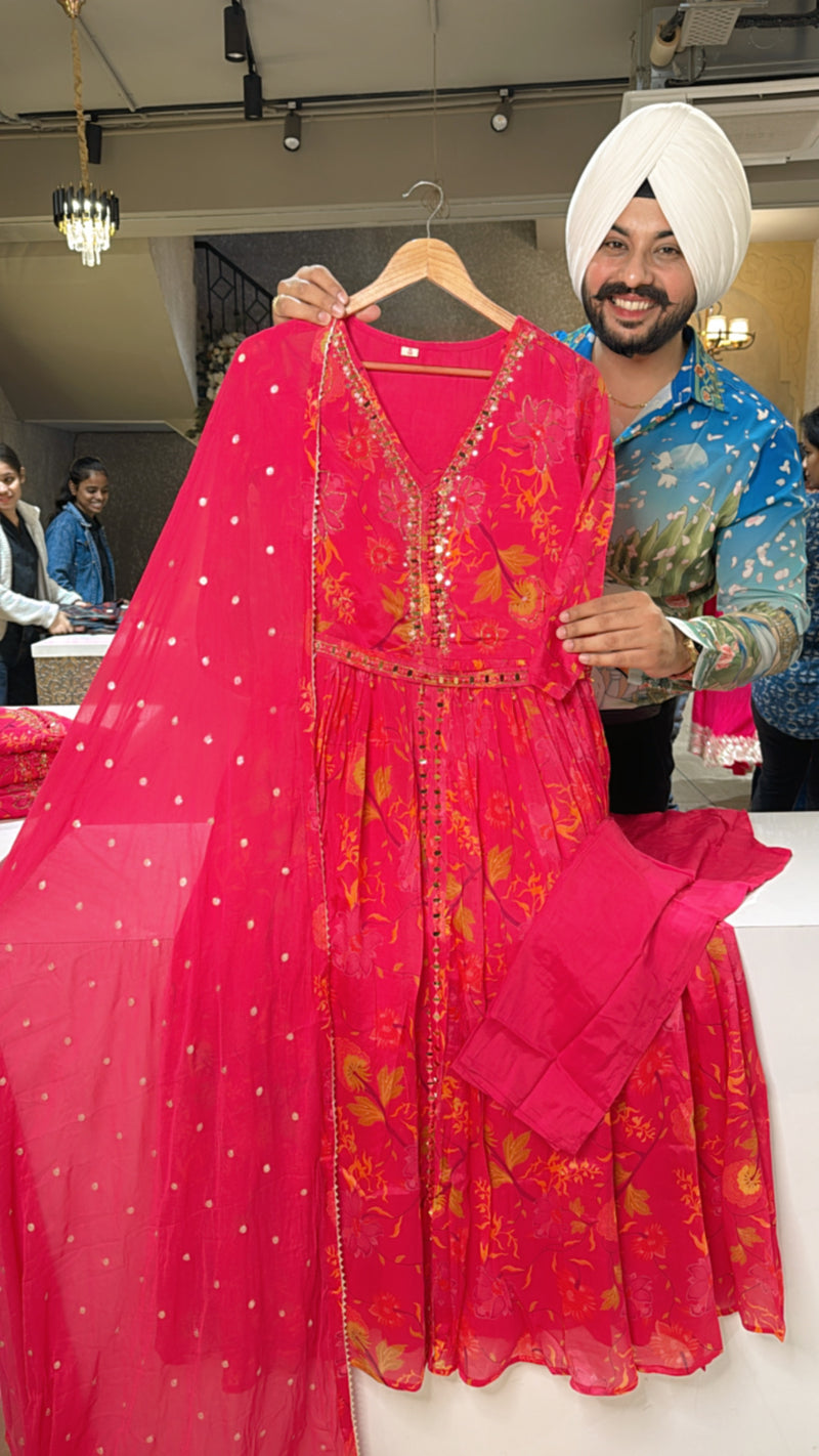 English Grey Chiffon Full flair Girish Anarkali Suit with Hand embroidery Work on neck & Soft Organza Duppata main image 0