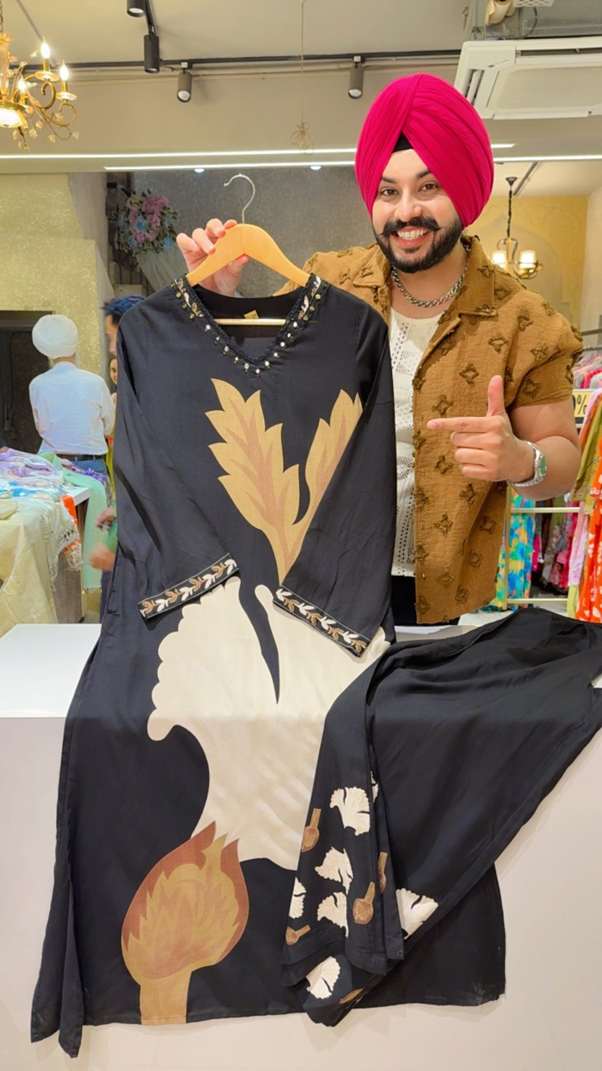 Black Premium Rayon English Print Long Length Coord set with Sleek Mirror work on Neck