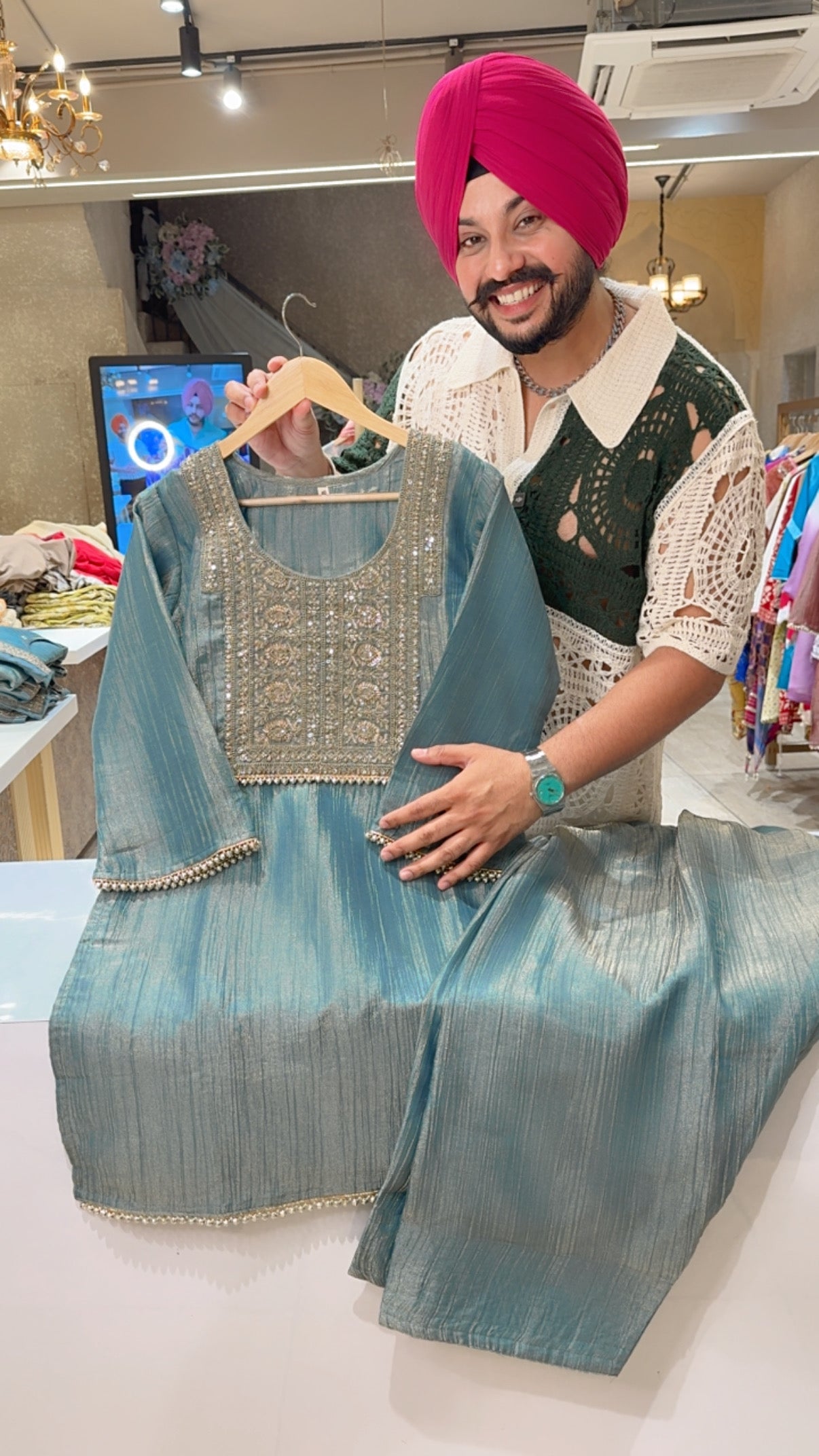 Sea Blue Crush Shimmer Tissue Hand Embroidered Party Wear Farshi Coordset