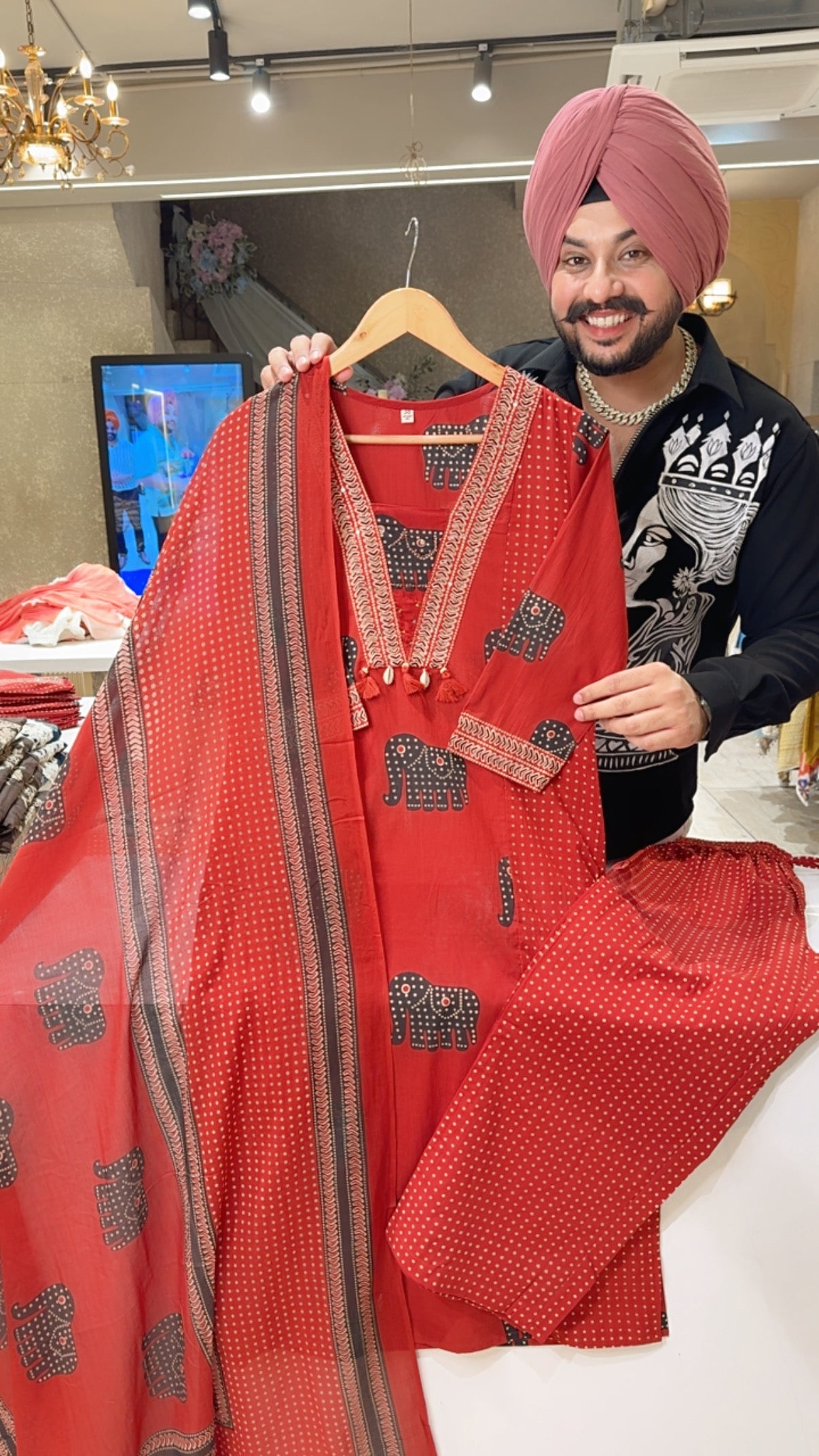 Brick Colour Pure cotton Elephant Print Straight Suit with Beautiful Duppata