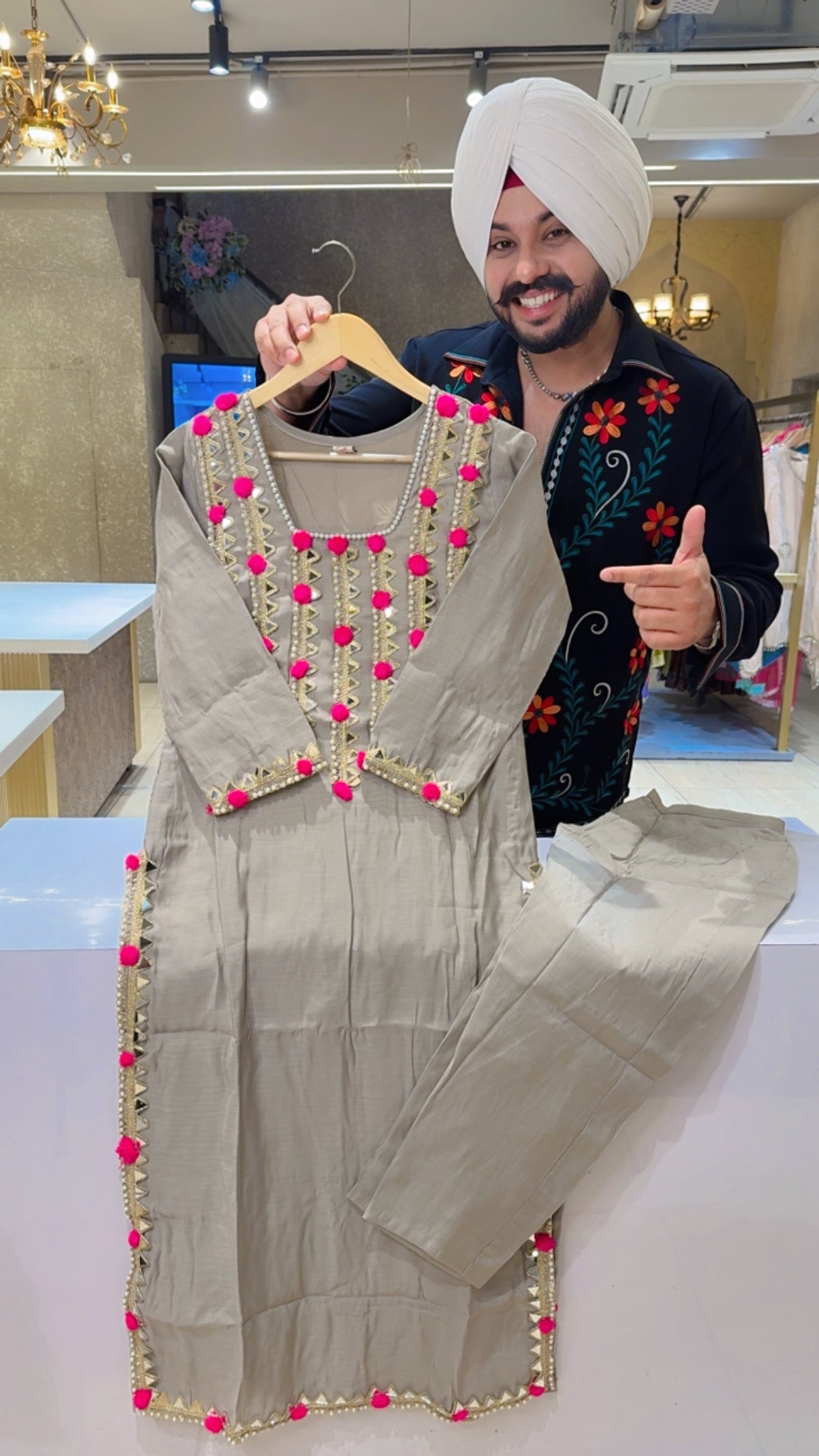 English Grey Mal Chanderi Heavy Pearl ,Mirror & Pom Pom Long Length Party wear Coord set