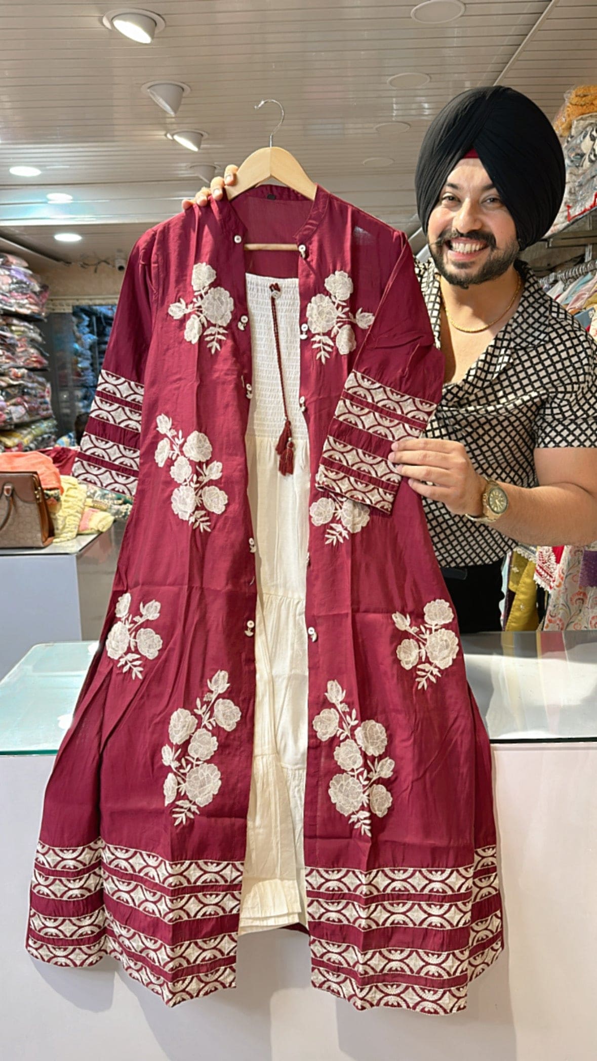 Maroon Muslin silk Indo western Dress with Stylish Embroidered Shrug