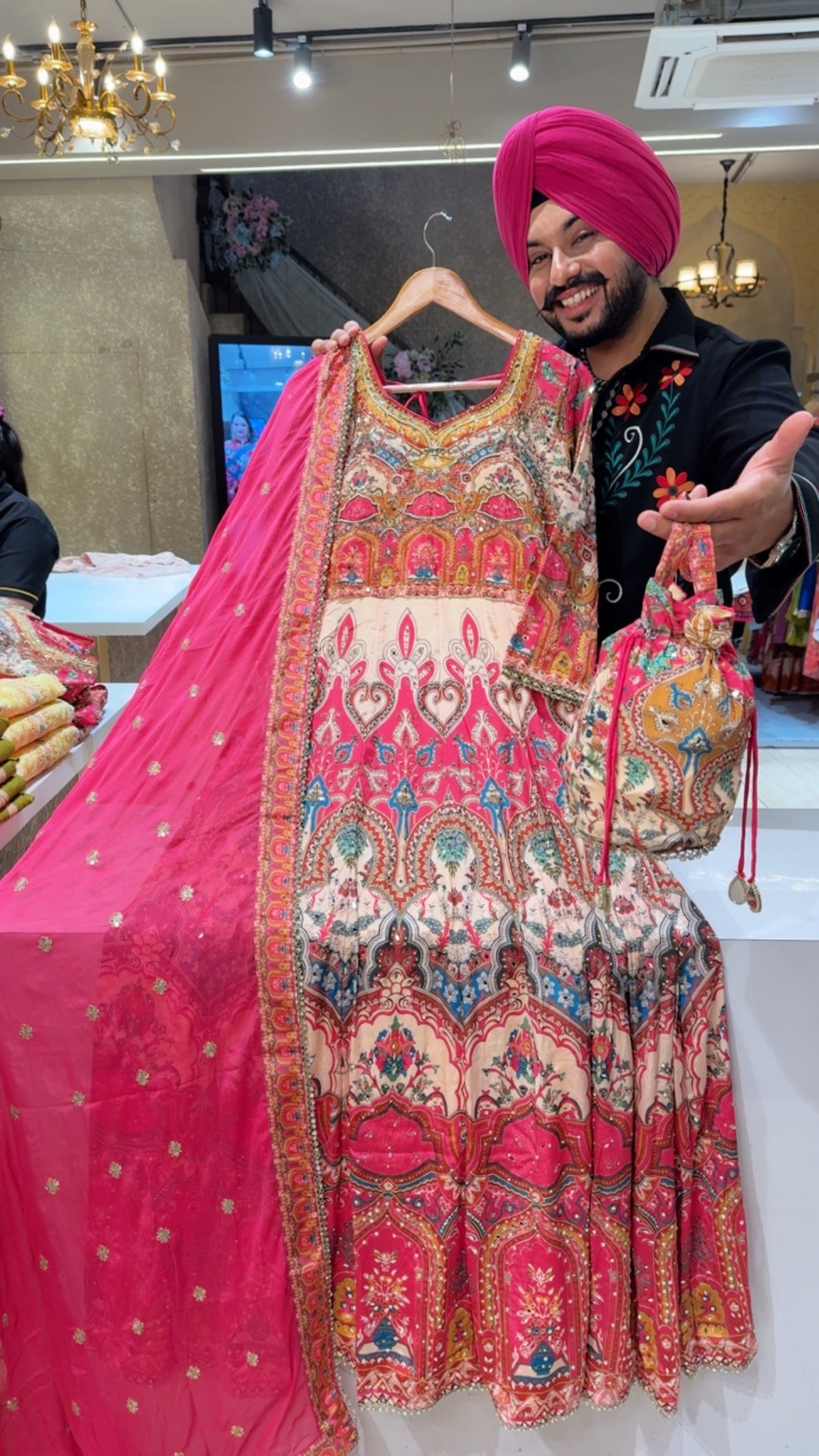 Light Beige & Hot Pink Crepe Heavy Hand Embroidered & Mirror Pasting Anarkali Gown with Sequins Work Chinon Duppata & Cute Potli