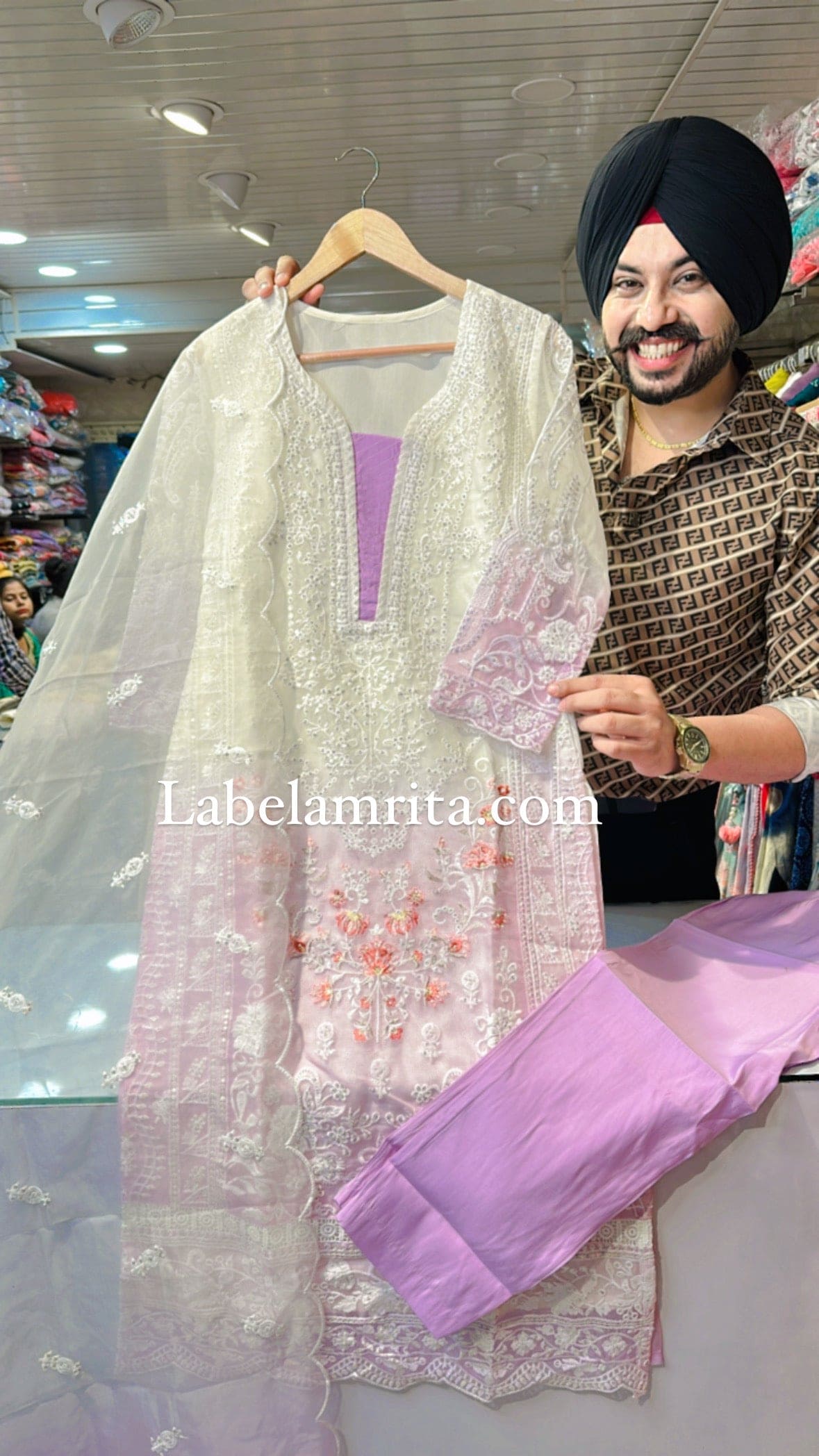 Moonwhite & lilac Organza Pakistani heavy Embroidered Suit