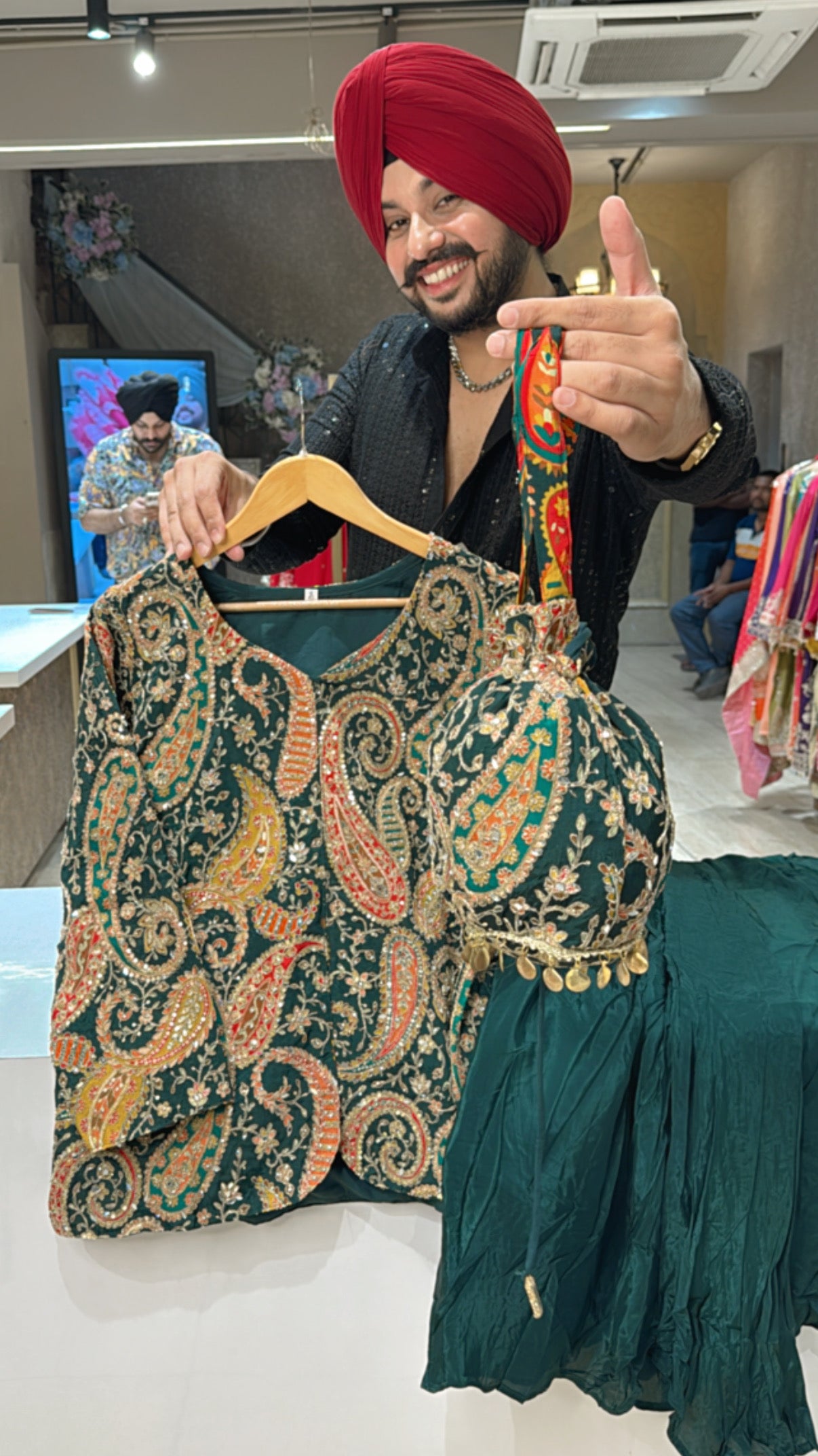 Bottle Green Premium crepe Heavy Embroidered Drape Set with Cute Potli
