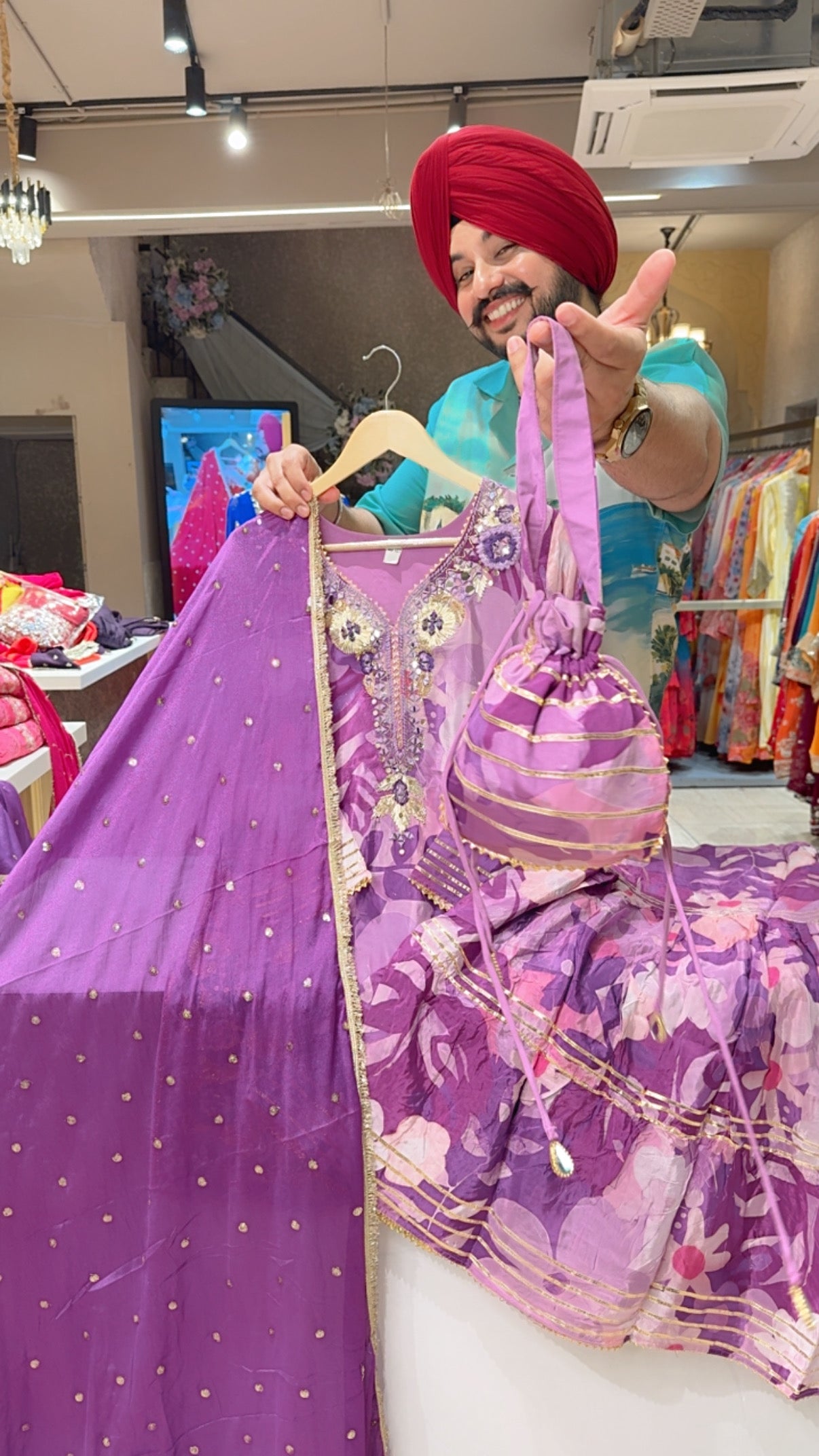 Purple Crepe heavy Embroidered Full Flair Garara set with Cute Potli & Chinon Sequins Work Duppata
