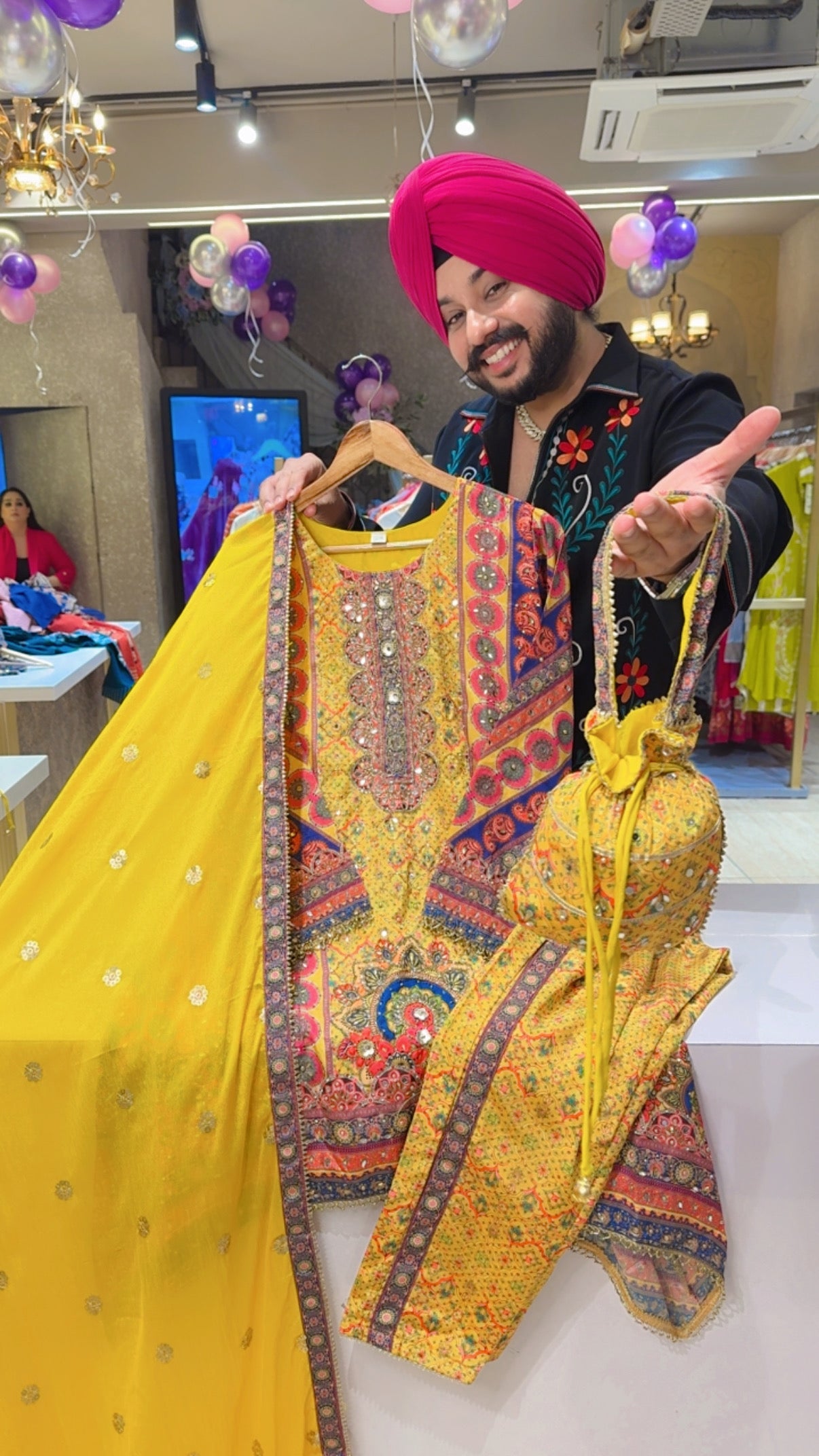 Yellow Crepe Heavy Handwork C-Cut Designer Suit with Chinon Sequins Work Duppata &  Cute Potli