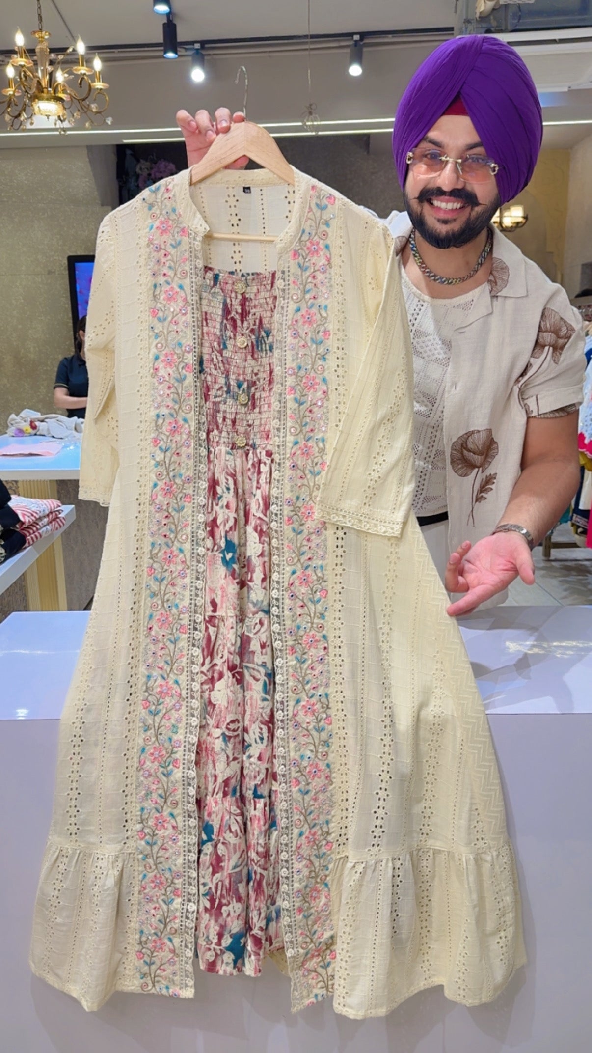 Onion & Cream Rayon Indowestern Dress With Shifli Chicken & Embroidered Long Length Shrug