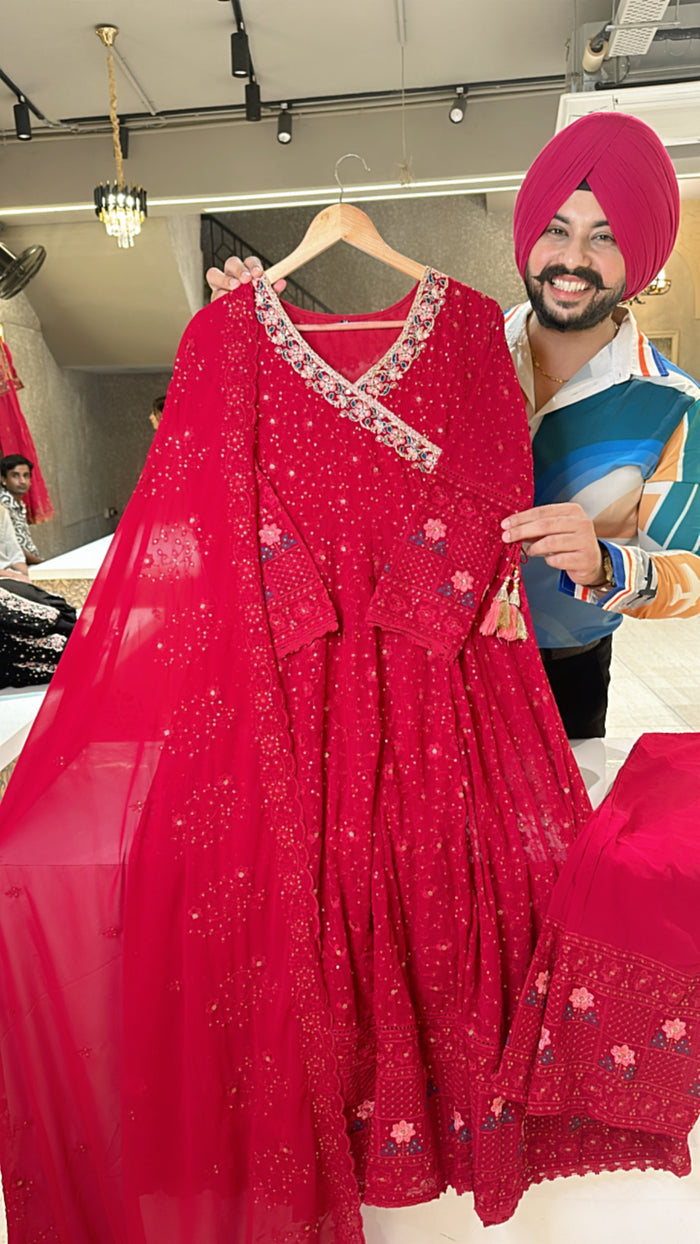 Pink Muslin silk Anarkali Suit with Beautiful handwork on neck & Mukash Duppata