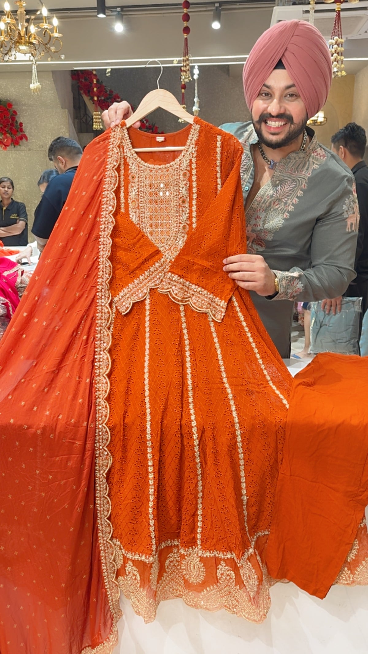 Rust Shifli Georgette Embroidered Full Flair Anarkali Suit with Beautiful Chinon Duppata