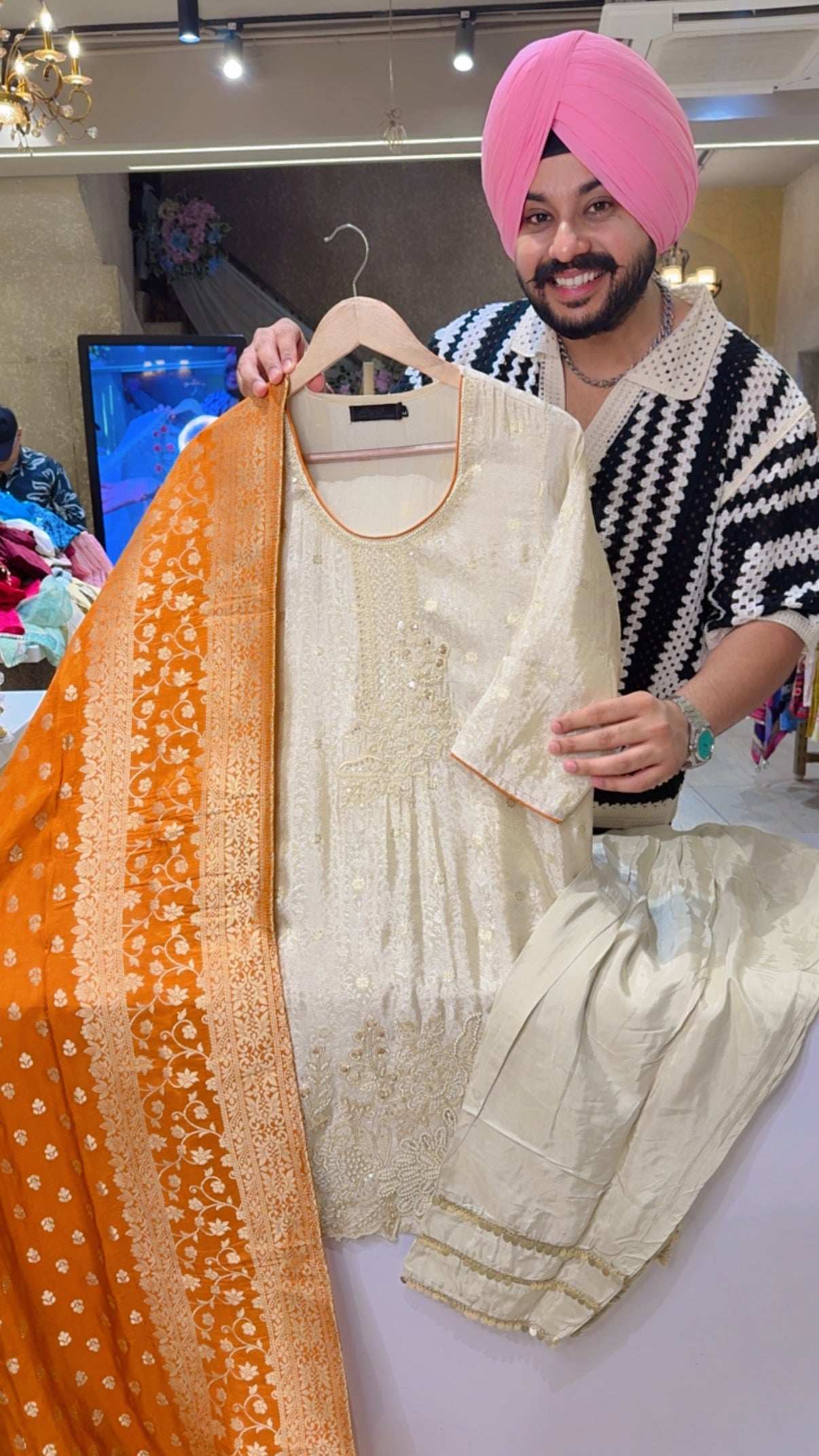 Cream Jaquard silk Pearl Hand Embroidered Party Wear Farshi Salwar Suit with Beautiful Orange Banarasi Look Duppata