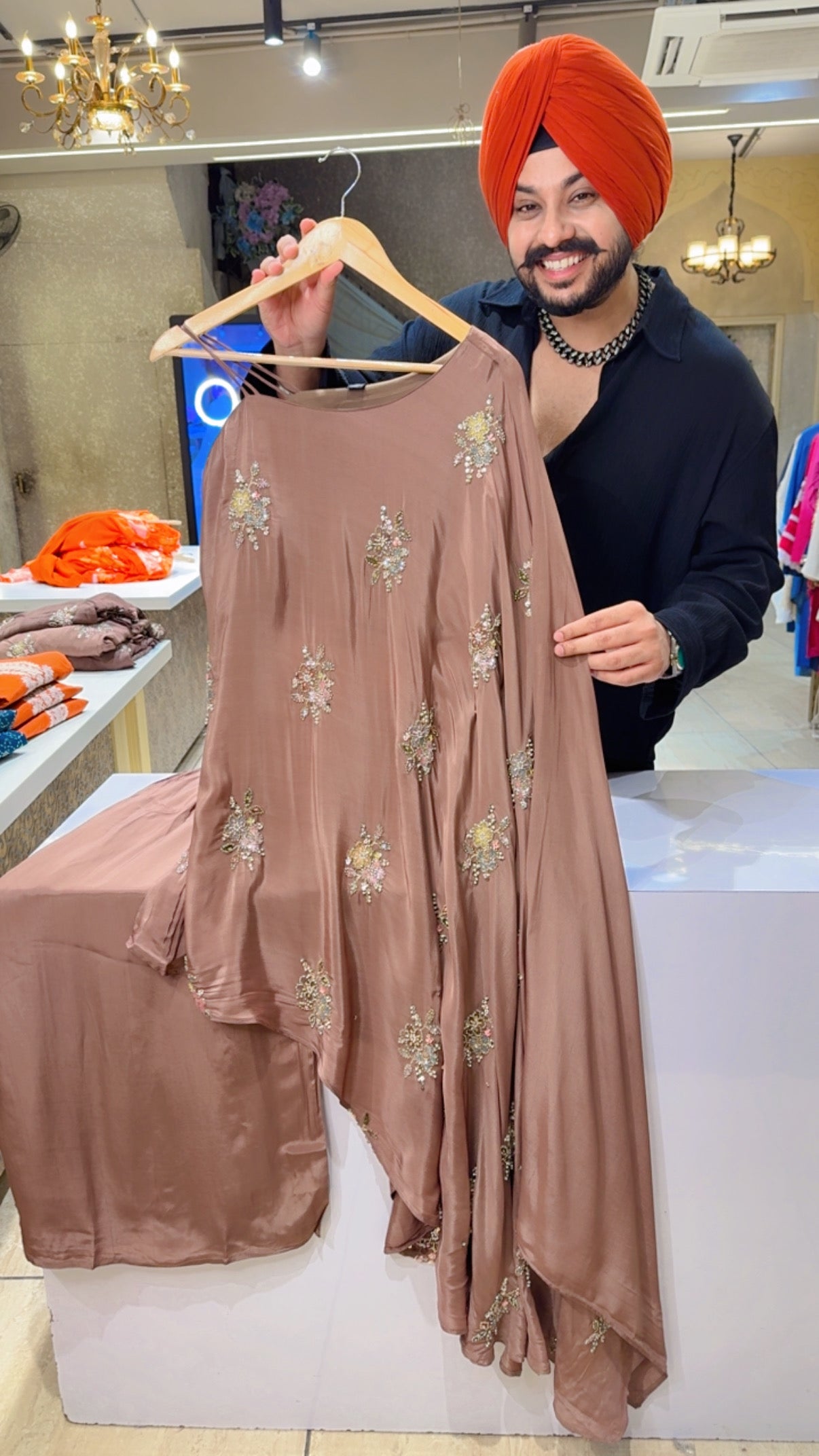 English Brown premium Crepe Fully Hand Embroidered Single Shoulder Designer Long Length Coord set