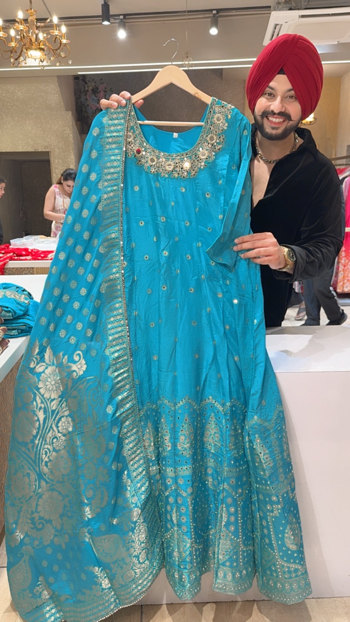 Soft Silk Full Flair Hand Embroidered & Mirror Pasting Anarkali Gown With Heavy Banarasi Border & Duppata