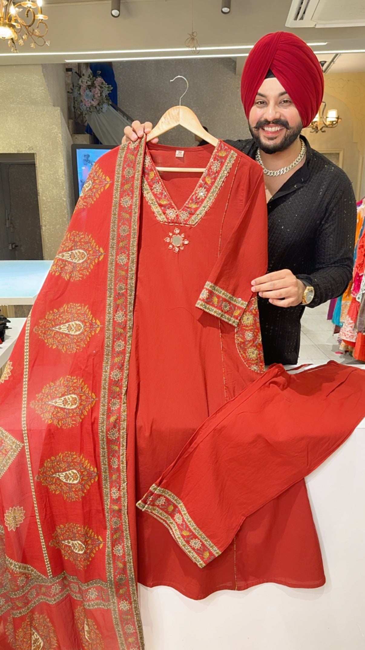 Rusty maroon Jaipuri print Office Wear A-line  Suit with Sleek Embroidery work on Neck & Pockets