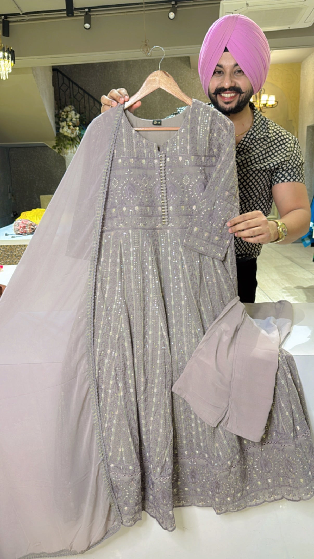 Greyish mauve Georgette Fully self Embroidered Anarkali suit