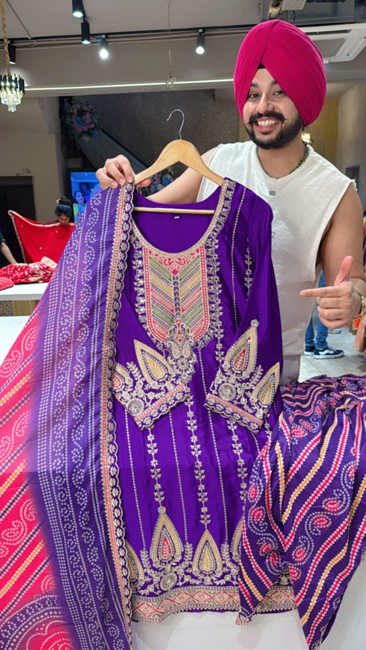 Purple Chinon Heavy embroidered Tulip Salwar set with Beautiful Bandhej Duppata