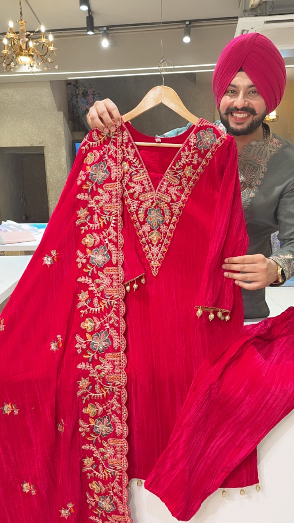 Rani Pink Crush Velvet party Wear Suit with Heavy Embroidered Duppata