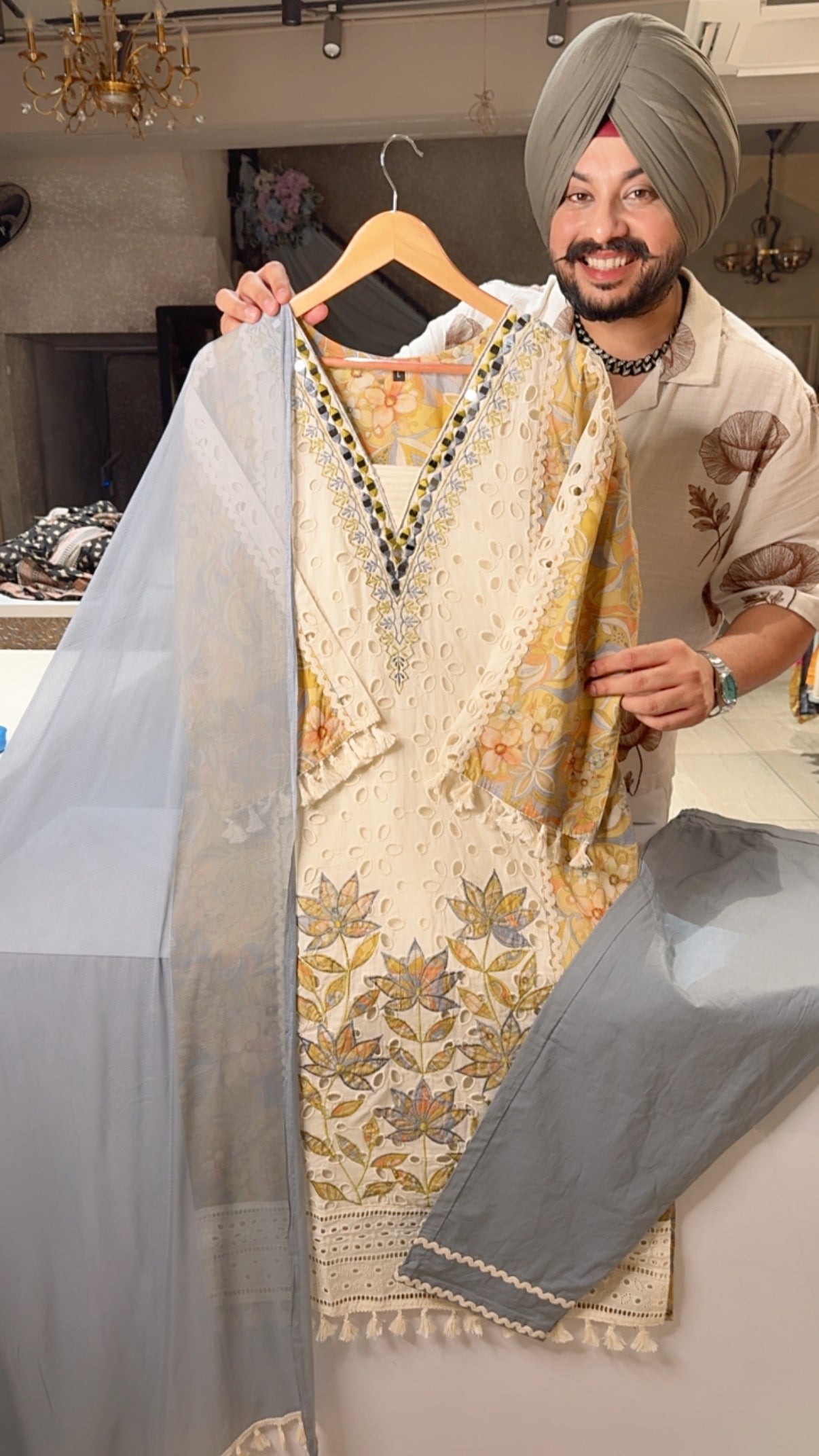 Light Mehendi & Grey Beautiful Embroidered & Shifli Work party Wera Summerish Suits with Chiffon Duppata