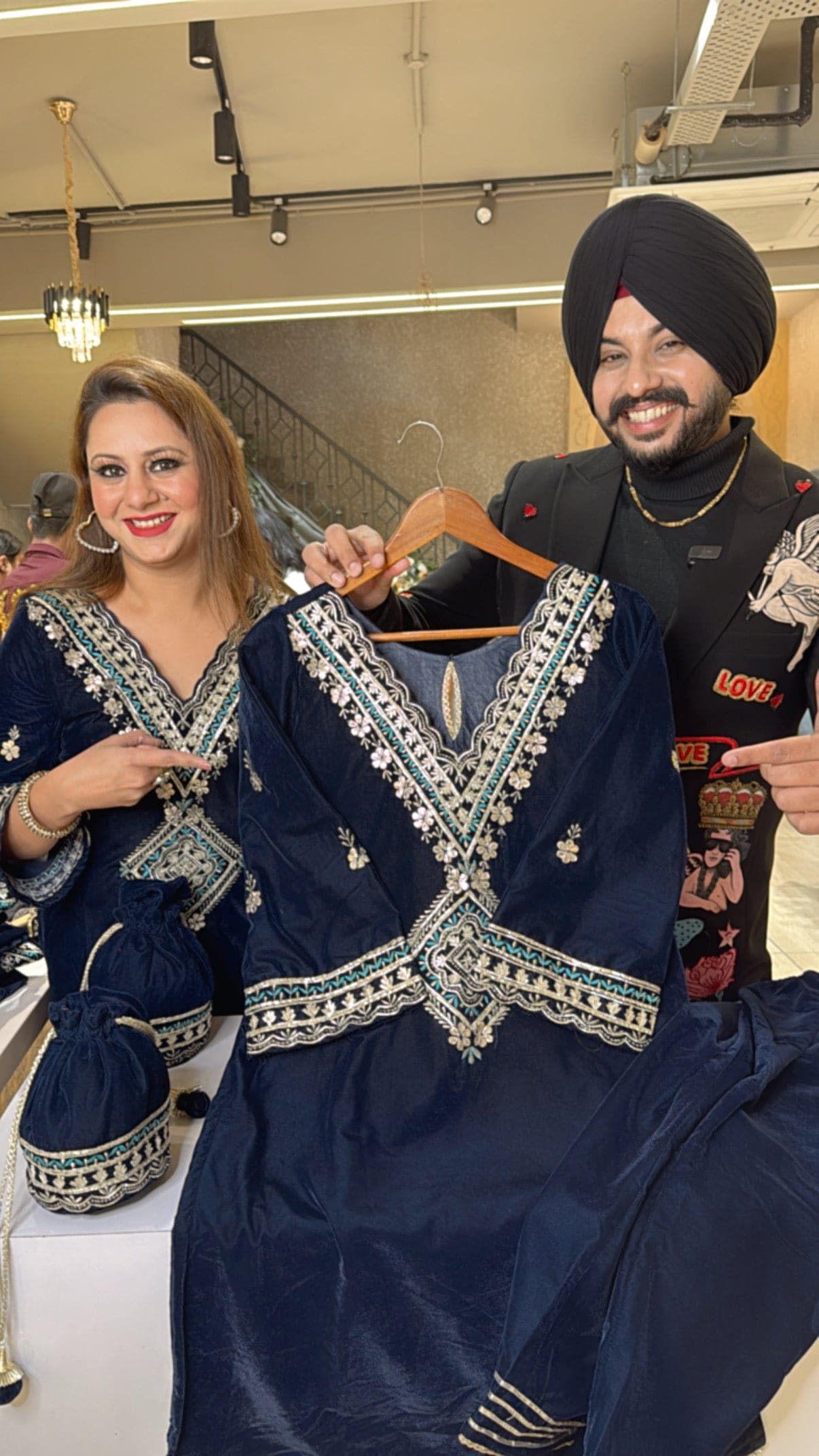 Navy Blue Heavy Velvet Pakistani Coord set with Embroidered Potli