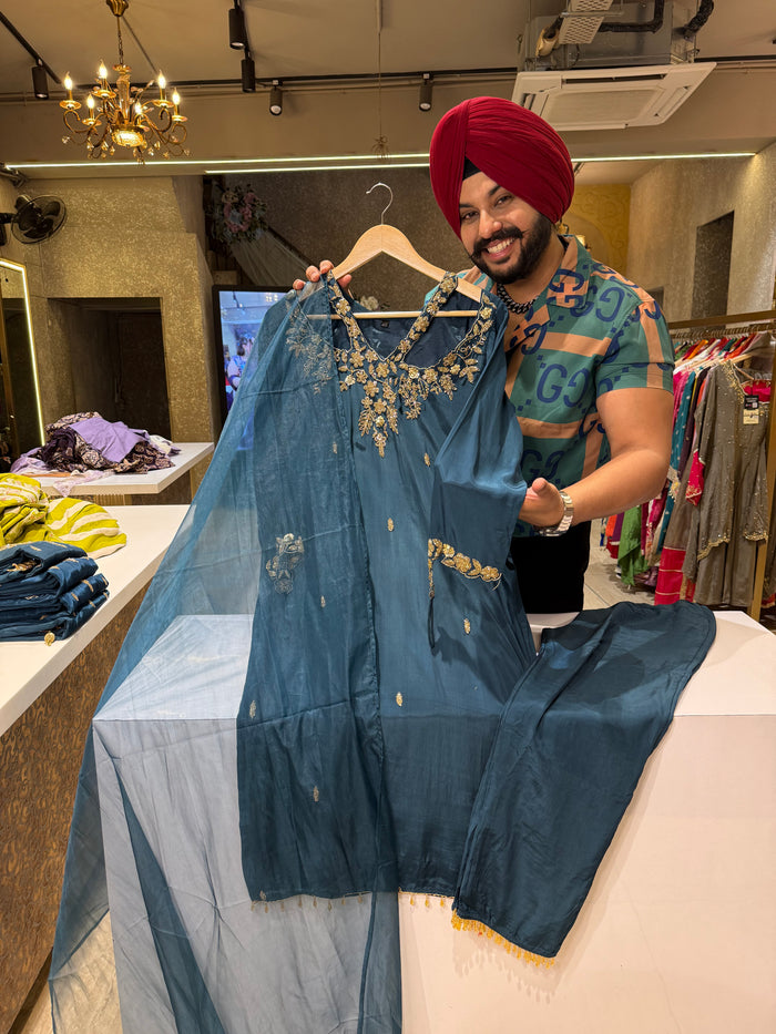 Mustard yellow Colour Soft Cotton Semiformal Straight Suit with Heavy Embroidery work on sleeves & Border main image 1