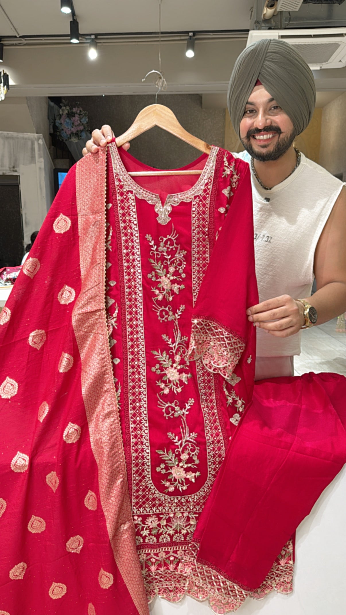 Anaari Pink Chinon Heavy embroidered Straight Suit with Beautiful Banarasi Look Duppata