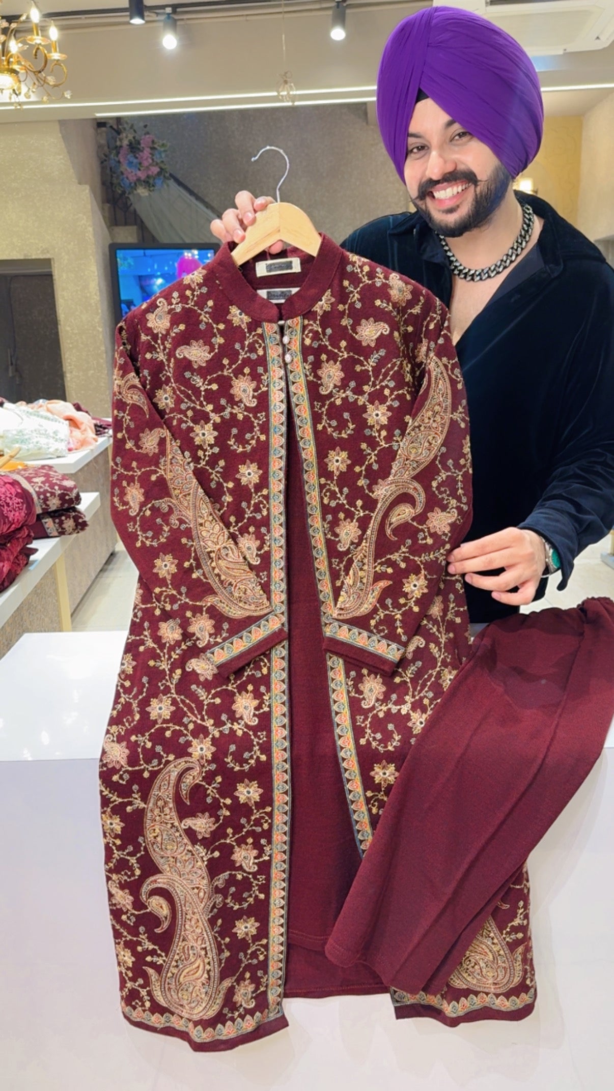 Maroon Woolen Long Length Coord set with Heavy Embroidered Shrug