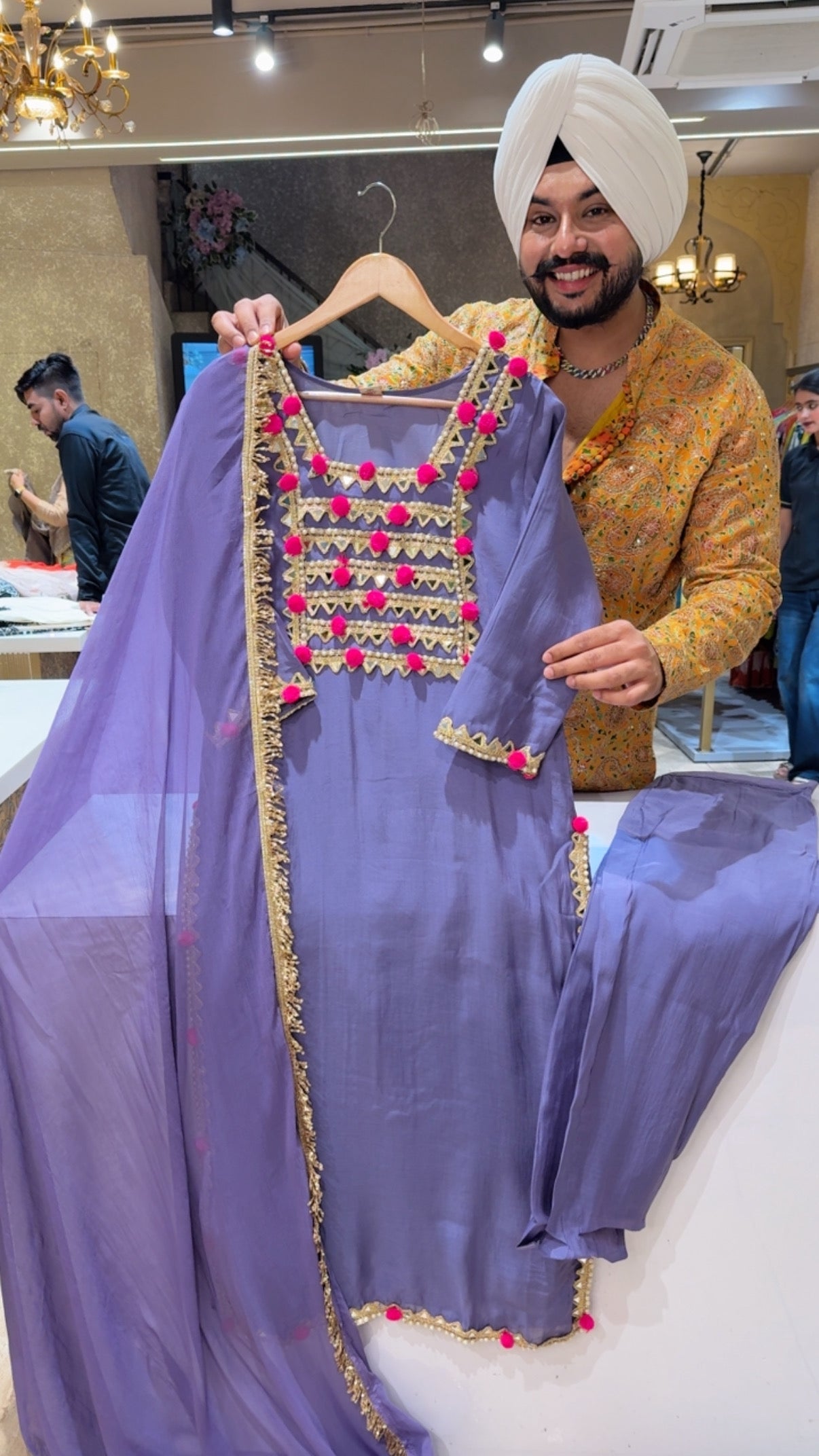 Light Purple Mal Chanderi Heavy Pearl ,Mirror & Pom Pom Long Length Party wear Straight Suit
