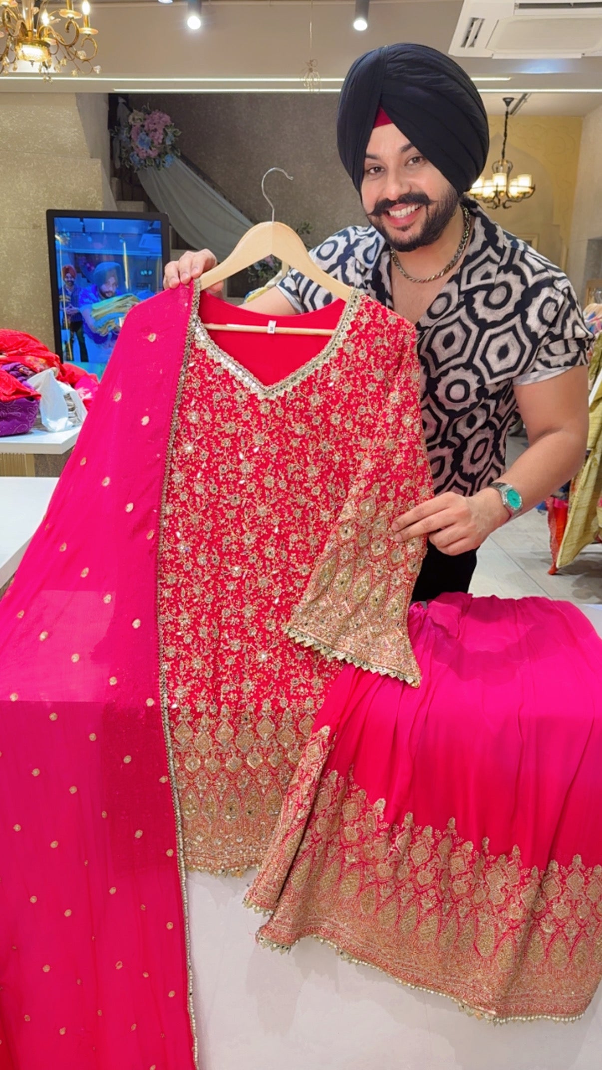 Hot pink Georgette Heavy Embroidered & Mirror Pasting Full Flair Party wear Sharara suit