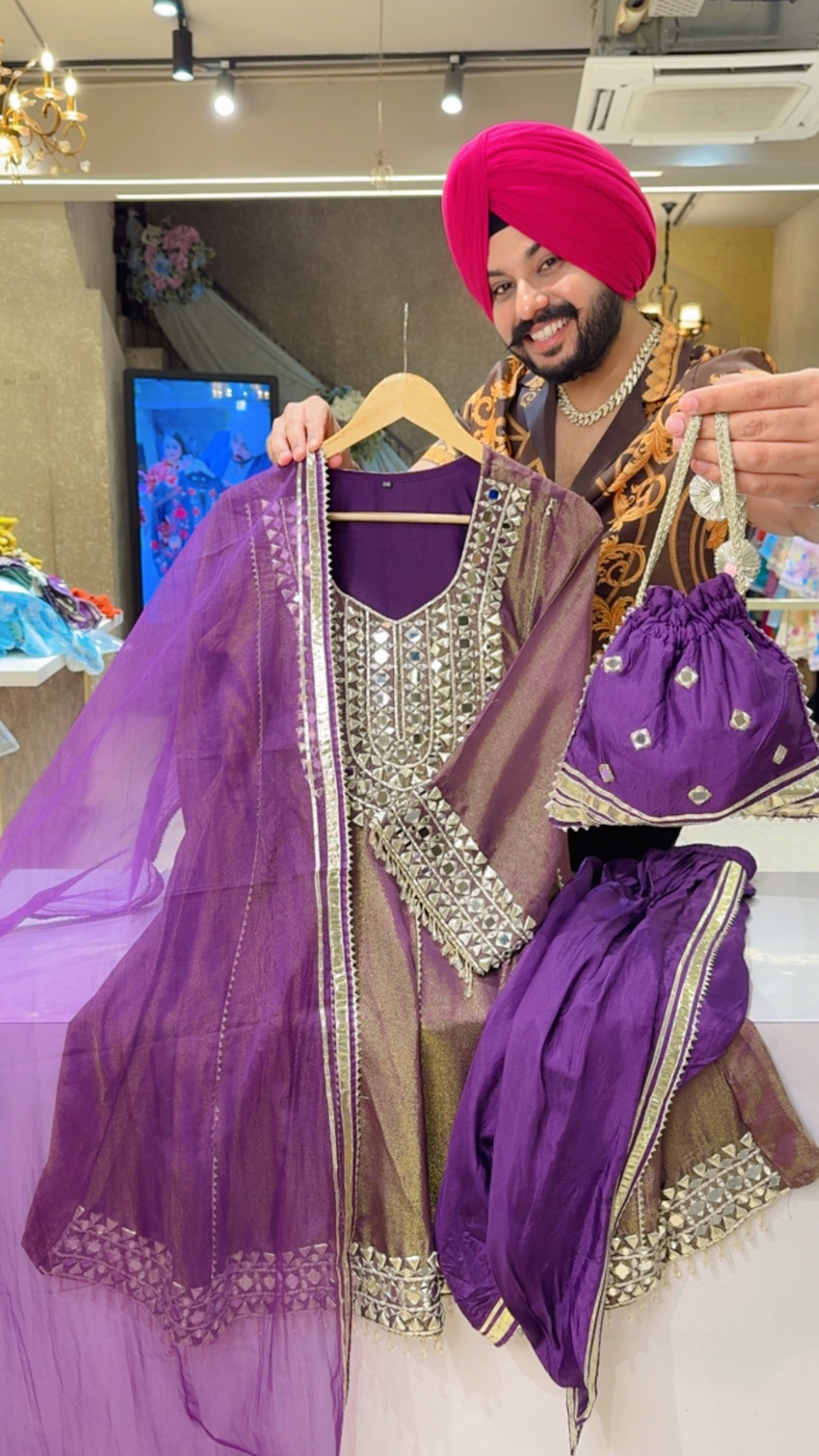 Purple Shimmer Silk Heavy Mirror Work Paplum Tulip Salwar Set with Cute Potli & Organza Gotta Patti Duppata