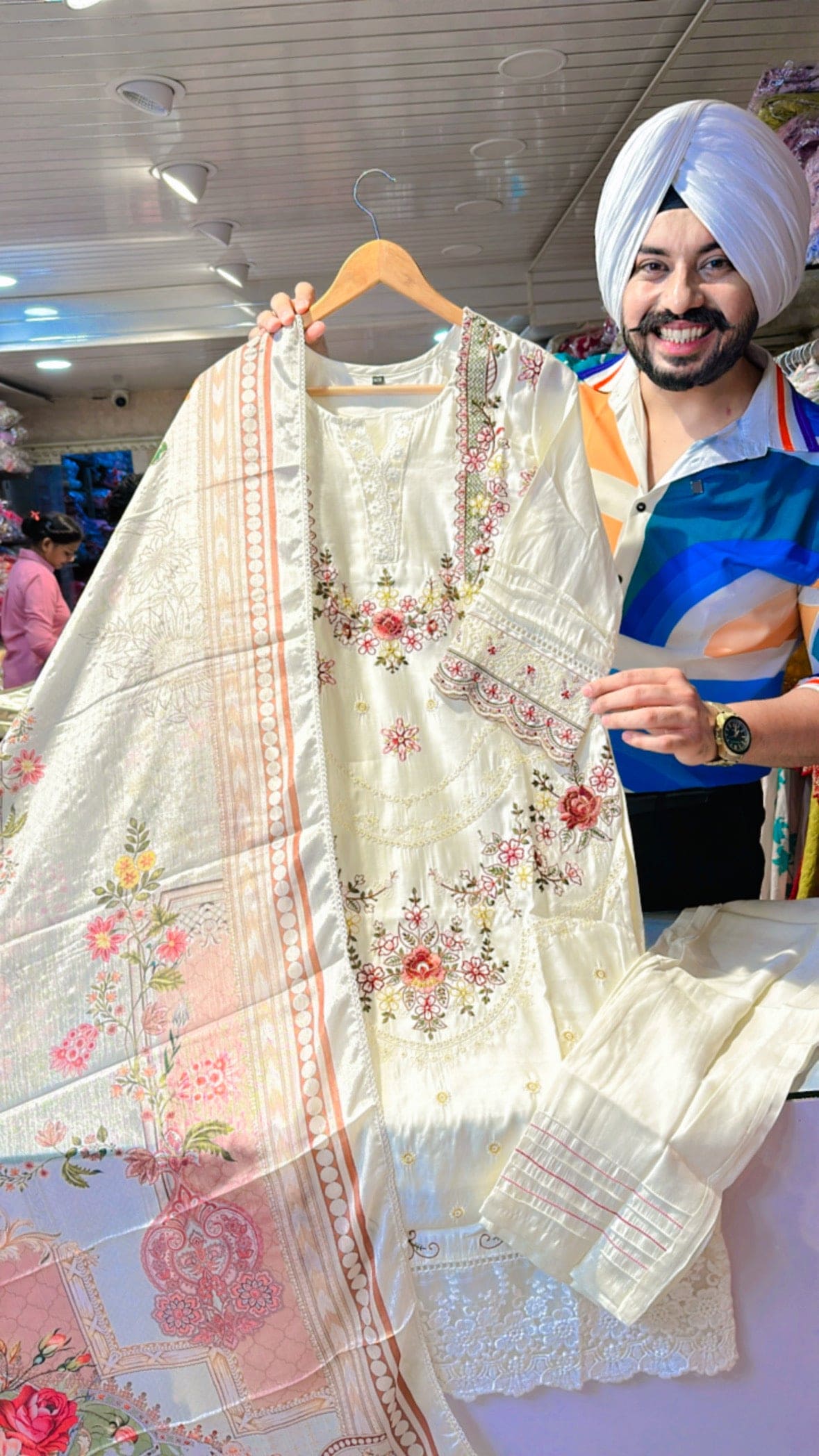 Off White Chanderi silk Pakistani Suit with Beautiful Muslin Silk Duppata