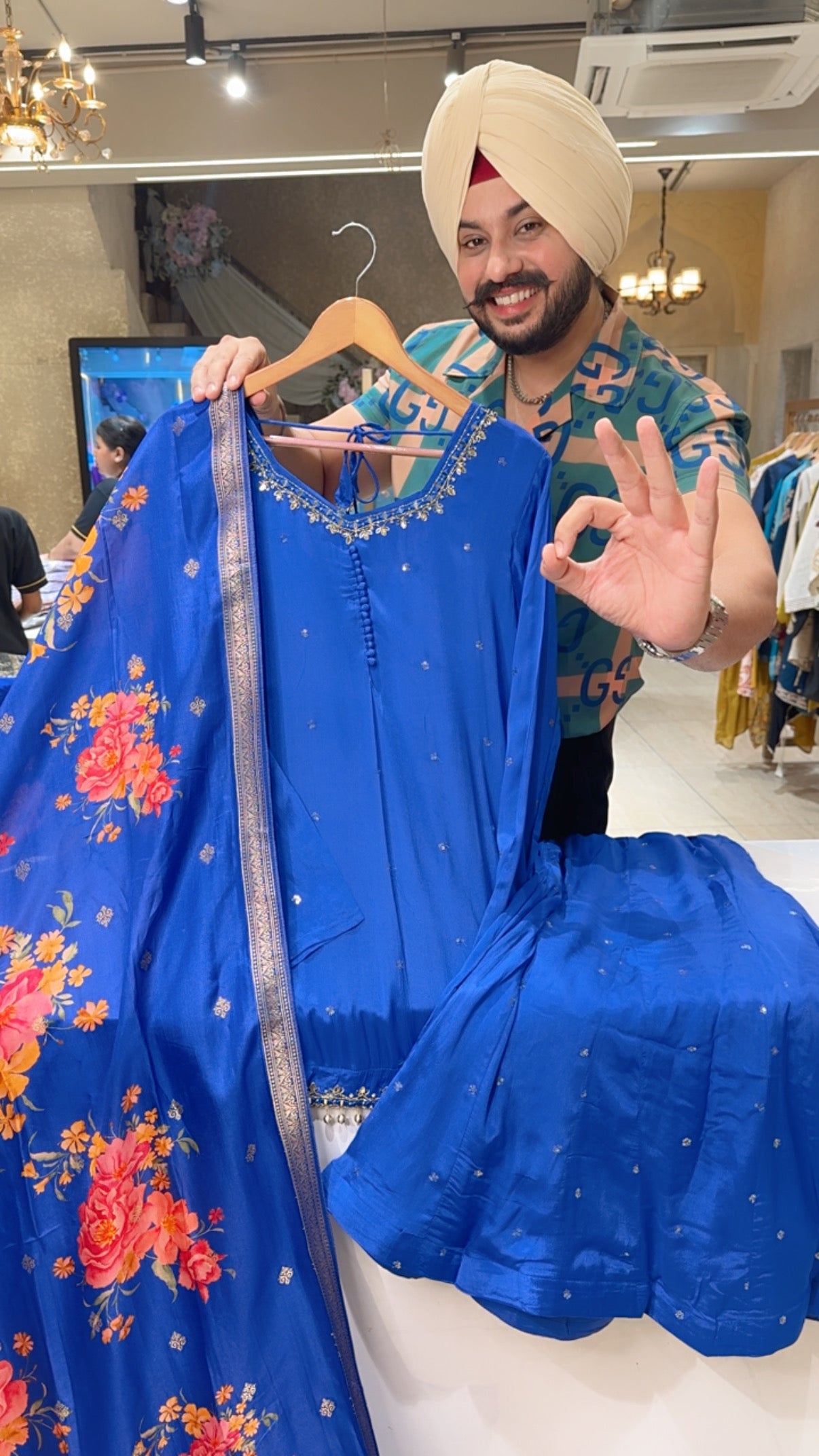 Royal Blue Chinon Hand embroidered & Fully Sequins Work Full Flair Sharara suit with Beautiful Floral Duppata