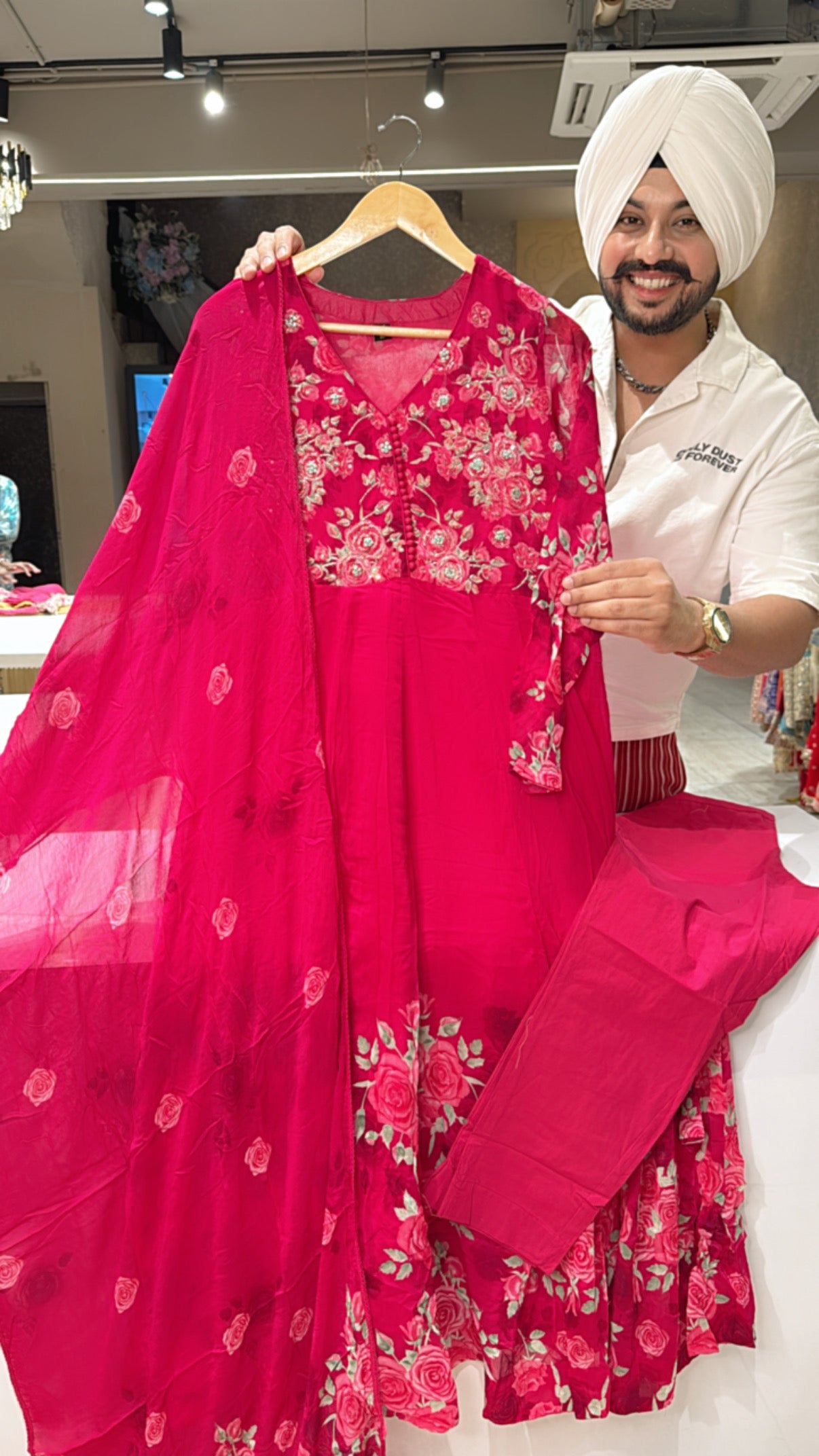 Rani pink Georgette Rose Floral Print Full Flair Anarkali Suit with Hand embroidery Work on neck & Sleek Dupppata