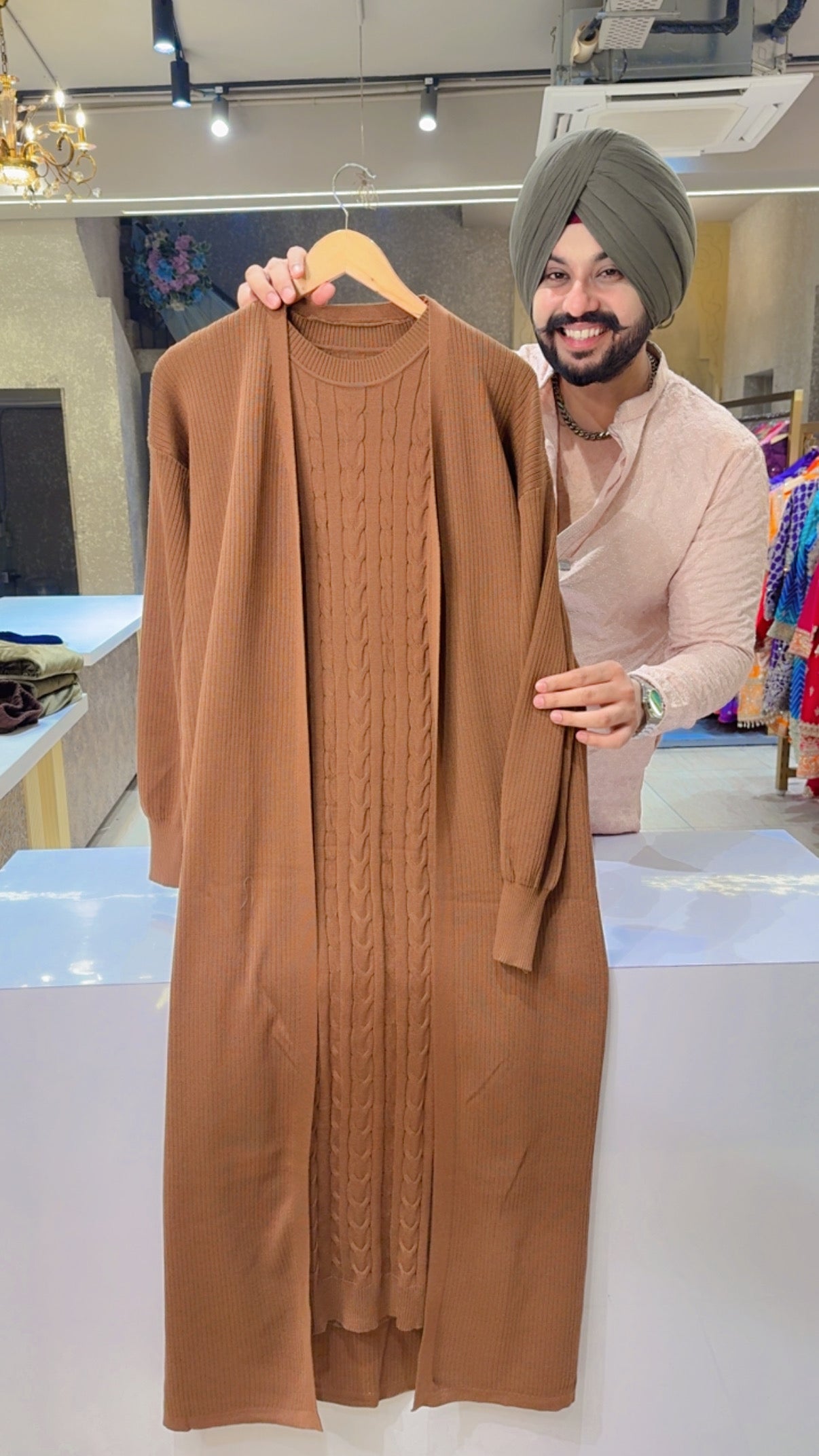 Tan Colour Imported Stretchable Soft Woolen Dress with Stylish Shrug