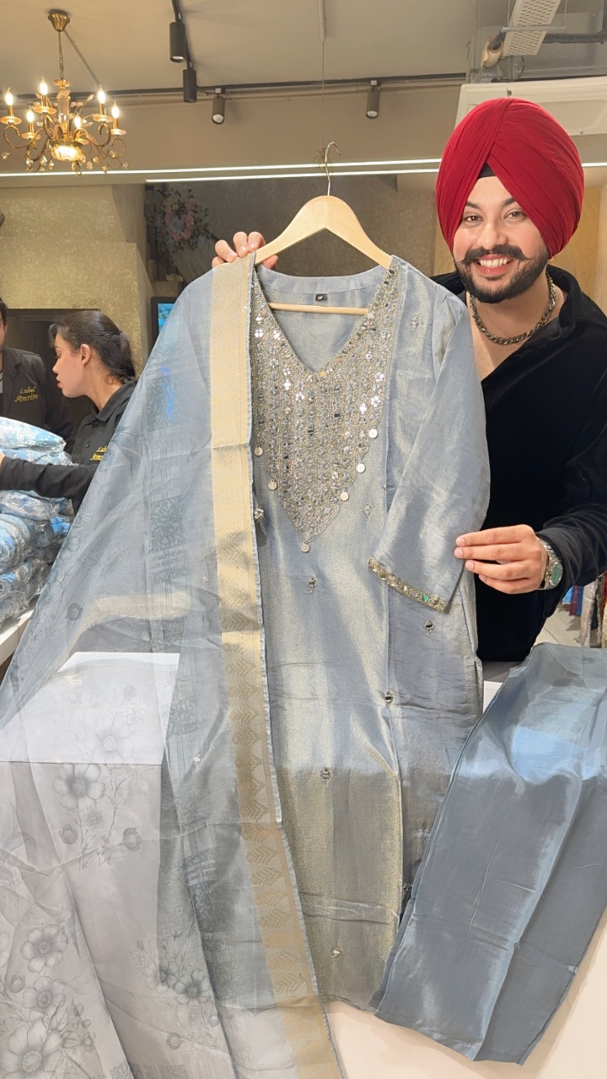 Blueish Grey Shimmer Silk Hand embroidered Party Wear Suit with Beautiful Organza Duppata