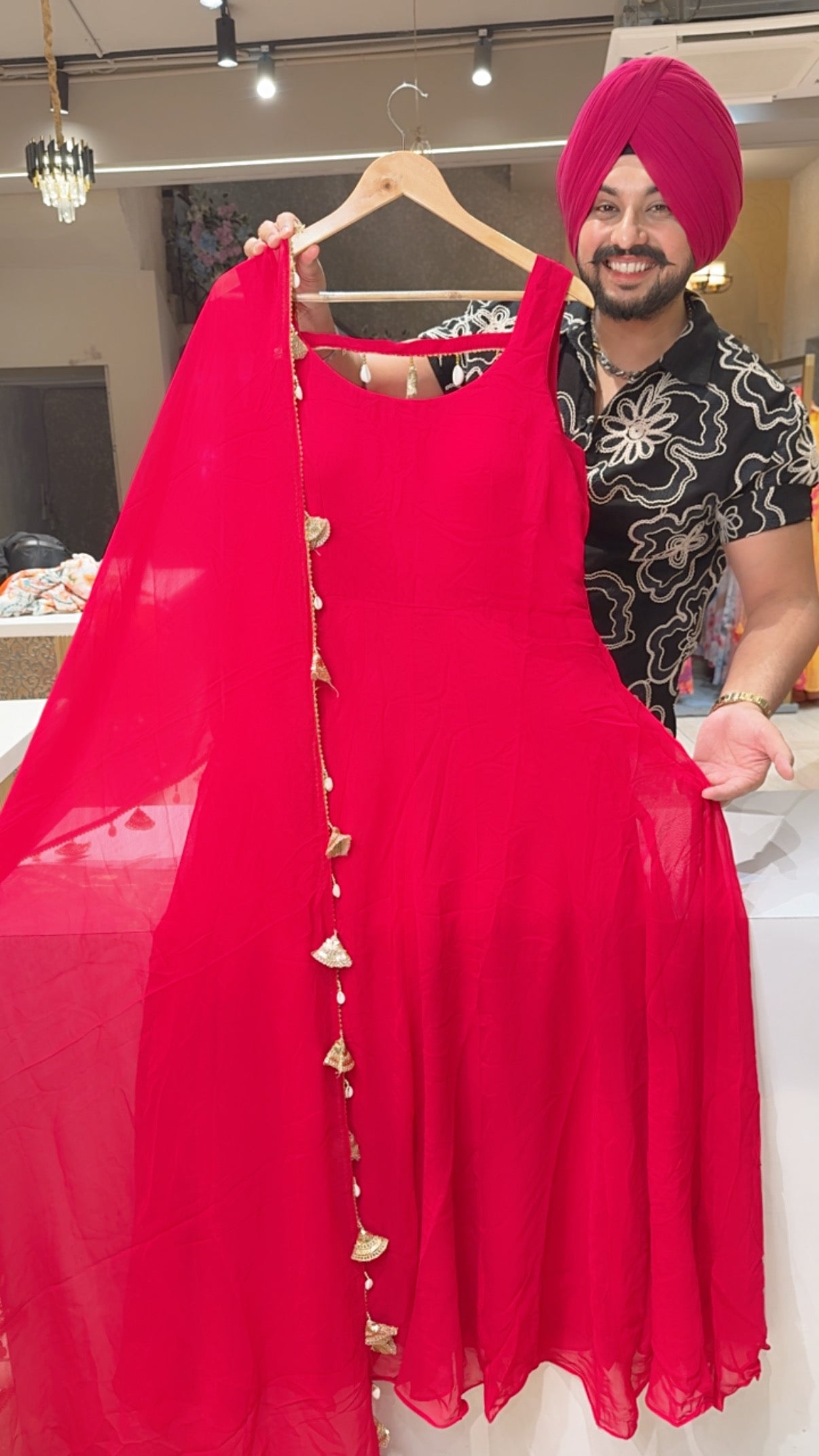 Rani pink Georgette Designer Backless Anarkali Gown with Beautiful Shell & Handwork Hangings on backless Back & Duppata
