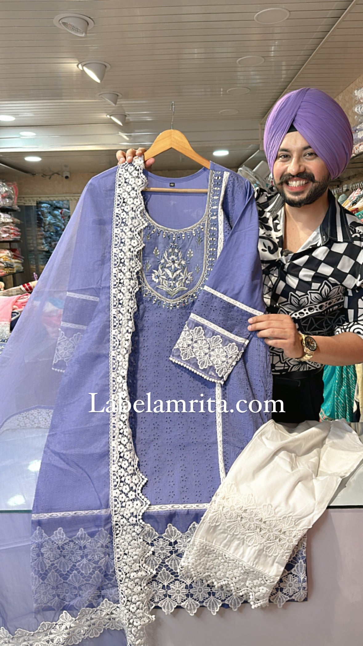 Lavender pure Cotton Heavy Pakistani Suit with Organza Duppata