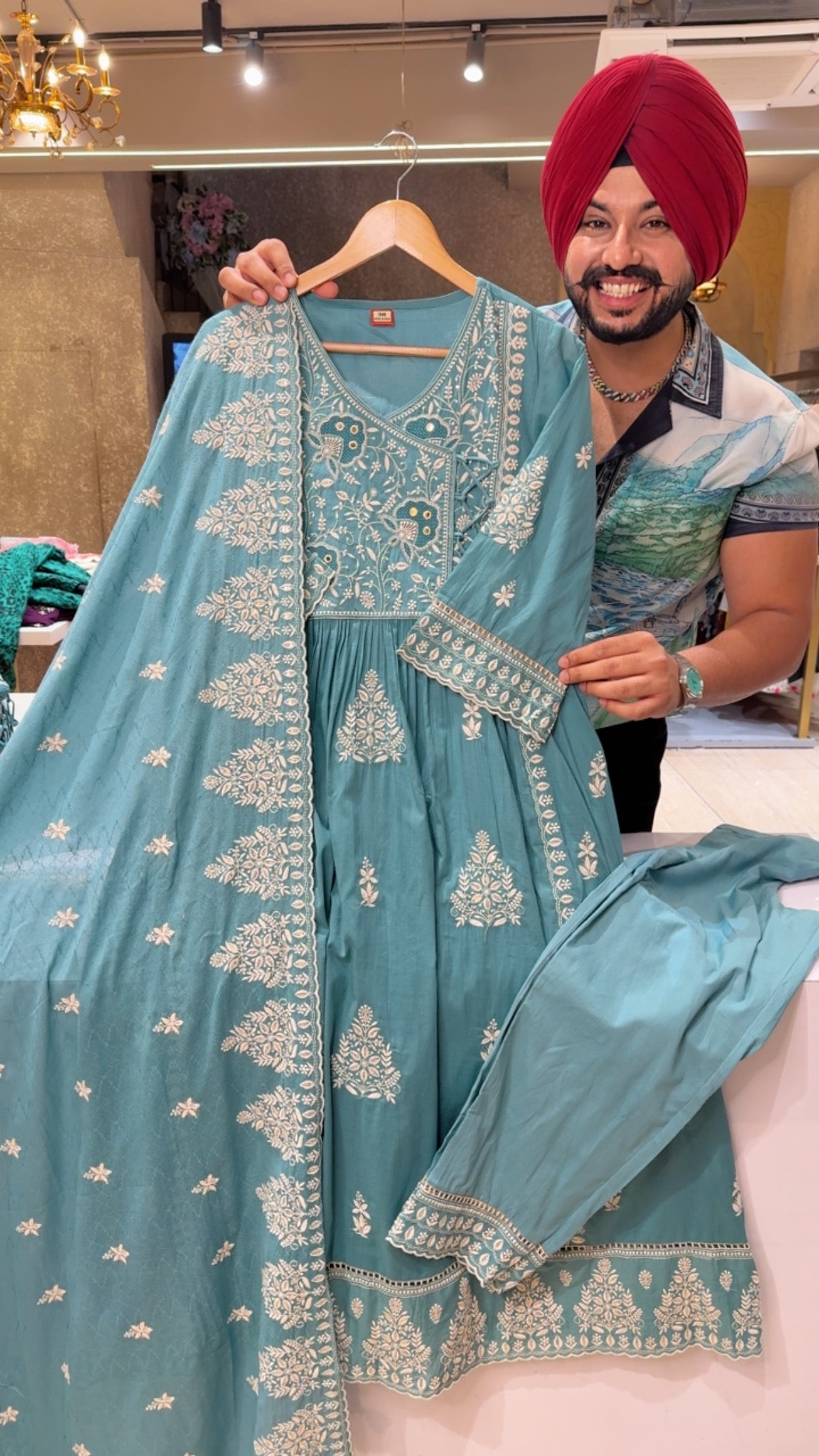 Sea Green Mal Cotton Angrakha Front Gattering A-line  Fully Embroidered Suit