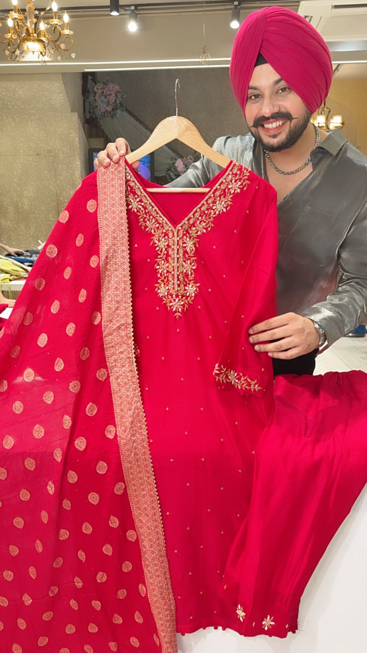 Dark Rani chinon Heavy hand embroidered Straight Suit with Banarasi Look Duppata
