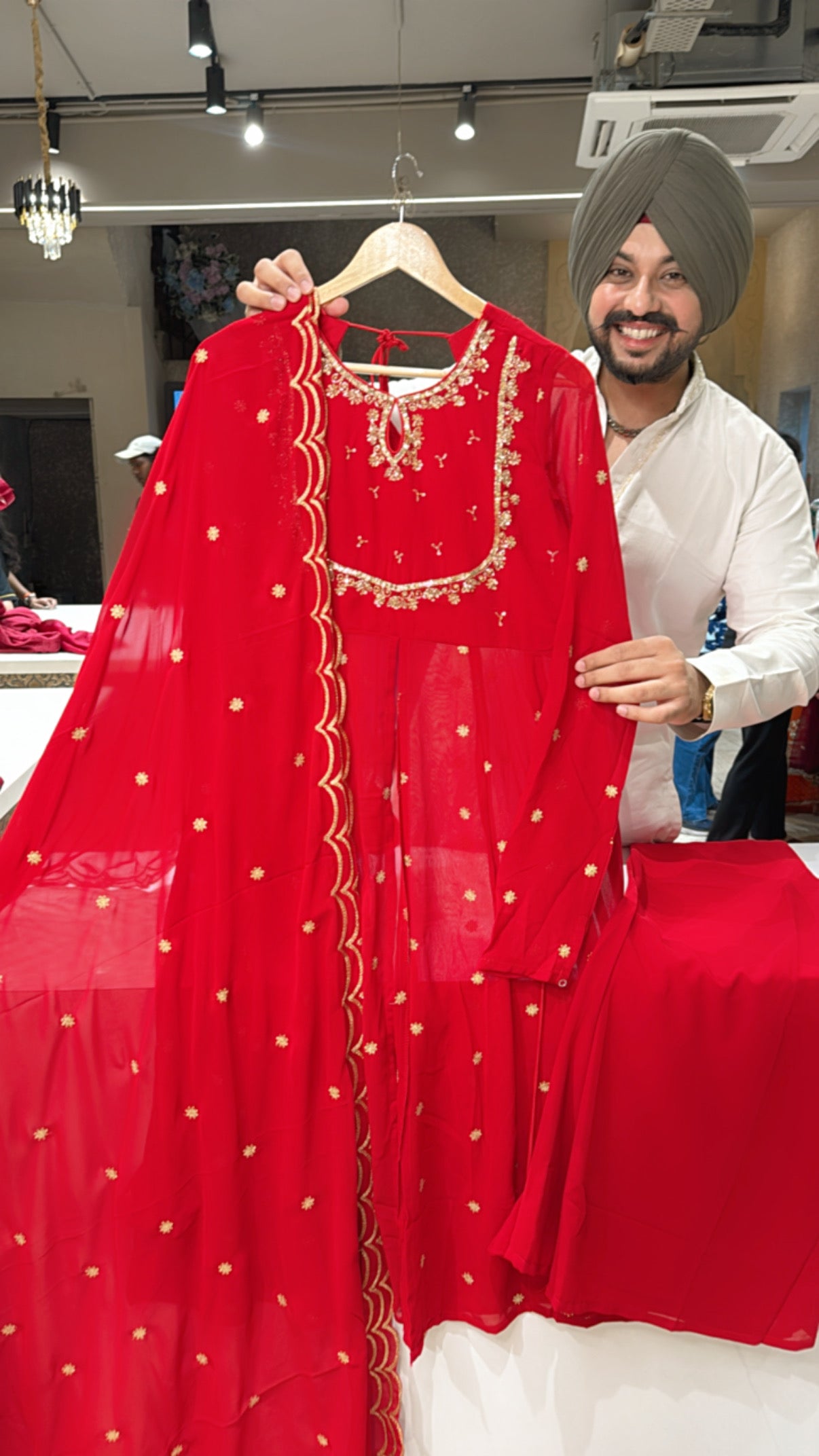 Vibrant Red Georgette Hand embroidered Front Slit Plazo Anarkali suit